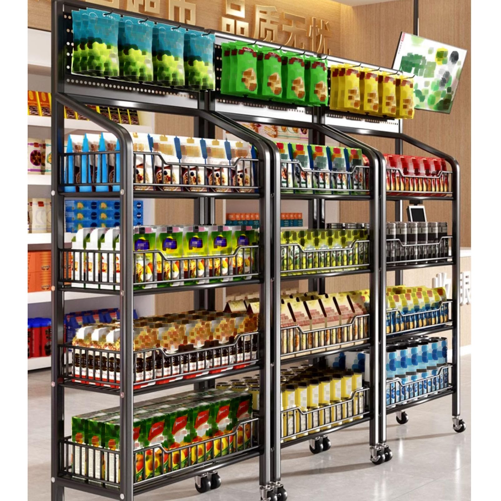 Metall-Snack-Regal mit Rollen, Snack-Organizer für Kartoffelchips und Obst, ideal für Haushaltsgeschäfte und Küche