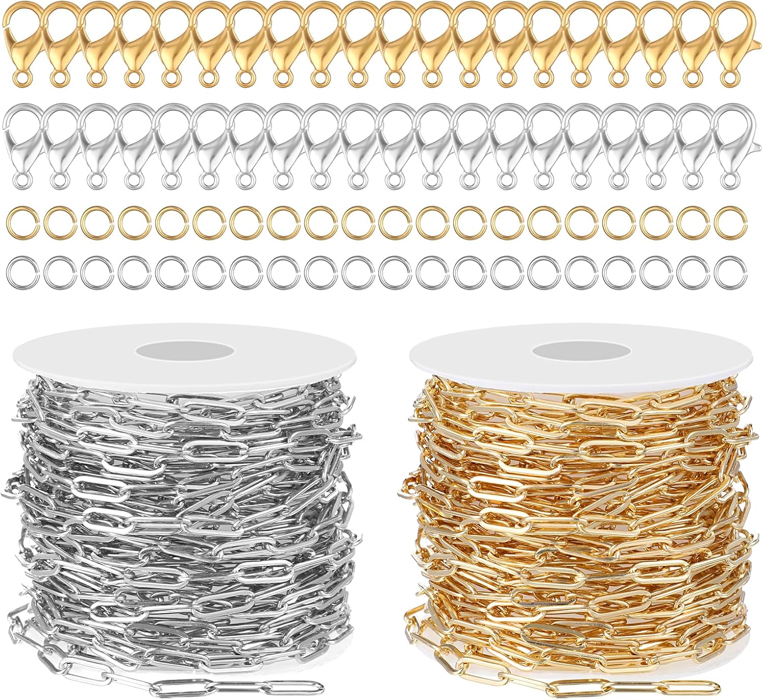 2 Rolls Stainless Steel Chains for Jewelry Making, Gold and Silver Chains with Lobster Clasps and Jump Rings, DIY Craft Jewelry Chain, Paperclip Chain on Spool with Findings