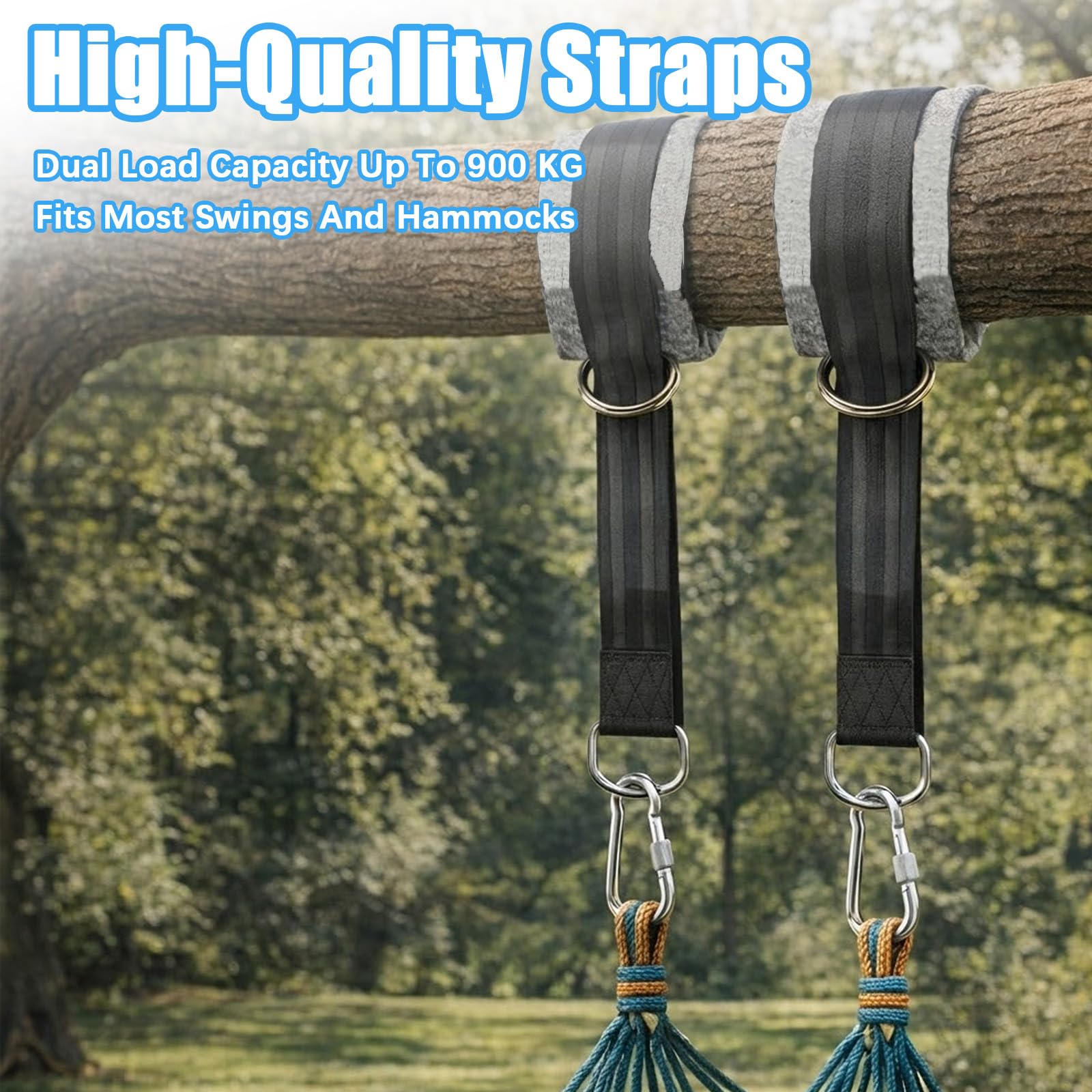 900 kg Correas Hamaca Kit Columpio, Fijación Suspensión 2 x 150 cm con Mosquetones, Anillos en D, Protectores de Árbol y Bolsa para Jardín, Camping, Uso Exterior