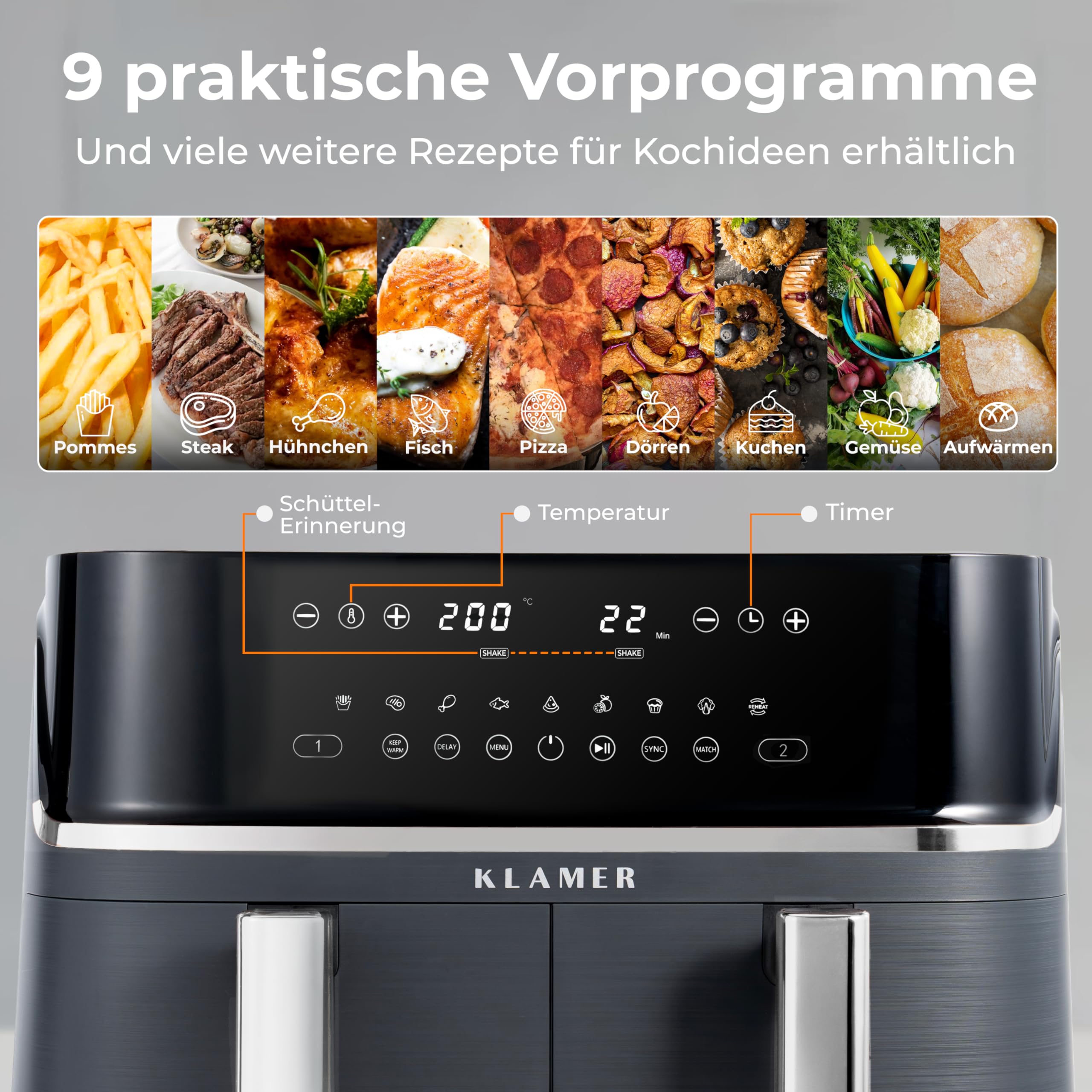 KLAMER Heißluftfritteuse Duo 9 L – Doppelkammer Airfryer mit 2 Körben & Digitaldisplay, 10 Automatikprogramme, Dual-Funktion, Timer, 3000 W Heißluft-Zirkulation, spülmaschinengeeignet