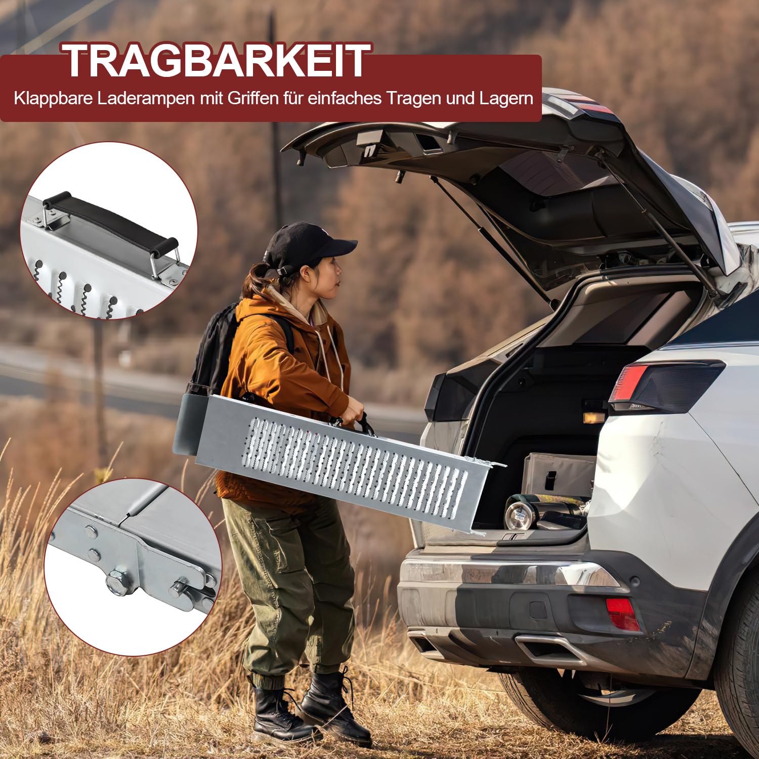 Rampa plegable de 2 unidades, capacidad de carga de 400 kg, 190 × 22,5 × 4,5 cm, rampa de acceso para coches y coches, rampa de carga para motocicleta, cortacésped y silla de ruedas