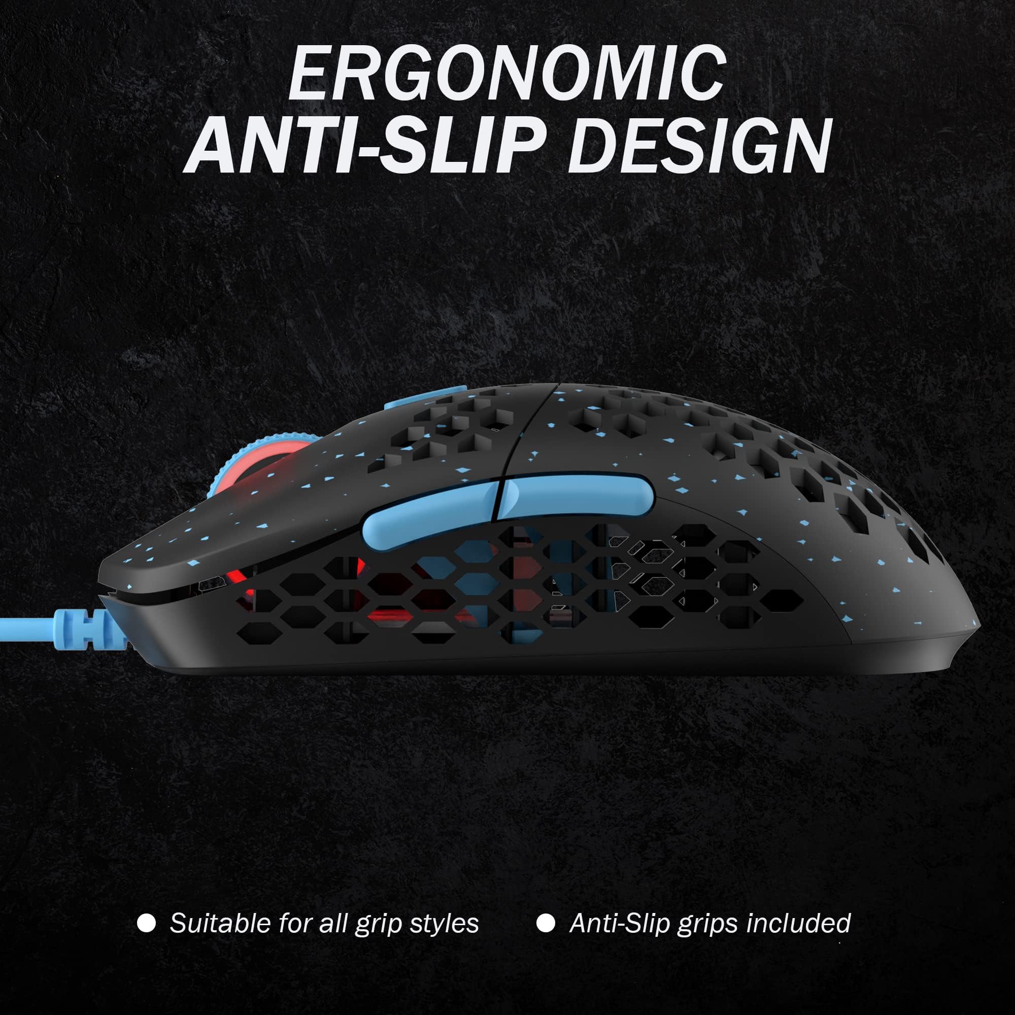 HK Gaming Mira S Souris de jeu RVB ultra légère | Coque en nid d'abeille | 61 g | max 12 000 ppp | Filaire USB | 6 boutons programmables | Mémoire intégrée | Grips antidérapants | Mira-S Blue Phantom