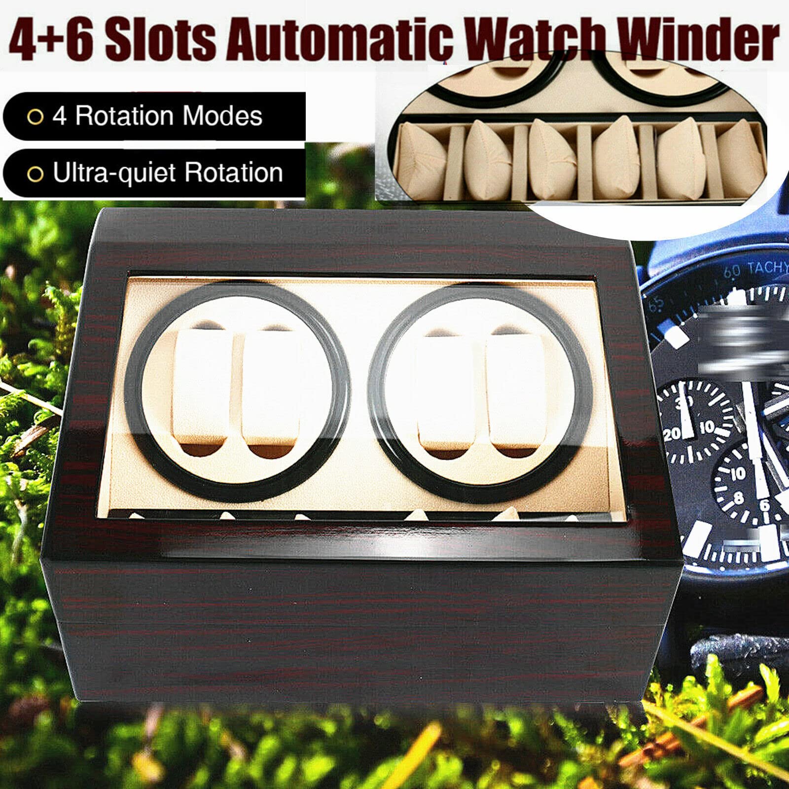 Relojero Automatico, Caja Giratoria Automática para Relojes de 4 + 6 Relojes, Función Temporizador, Caja de Madera