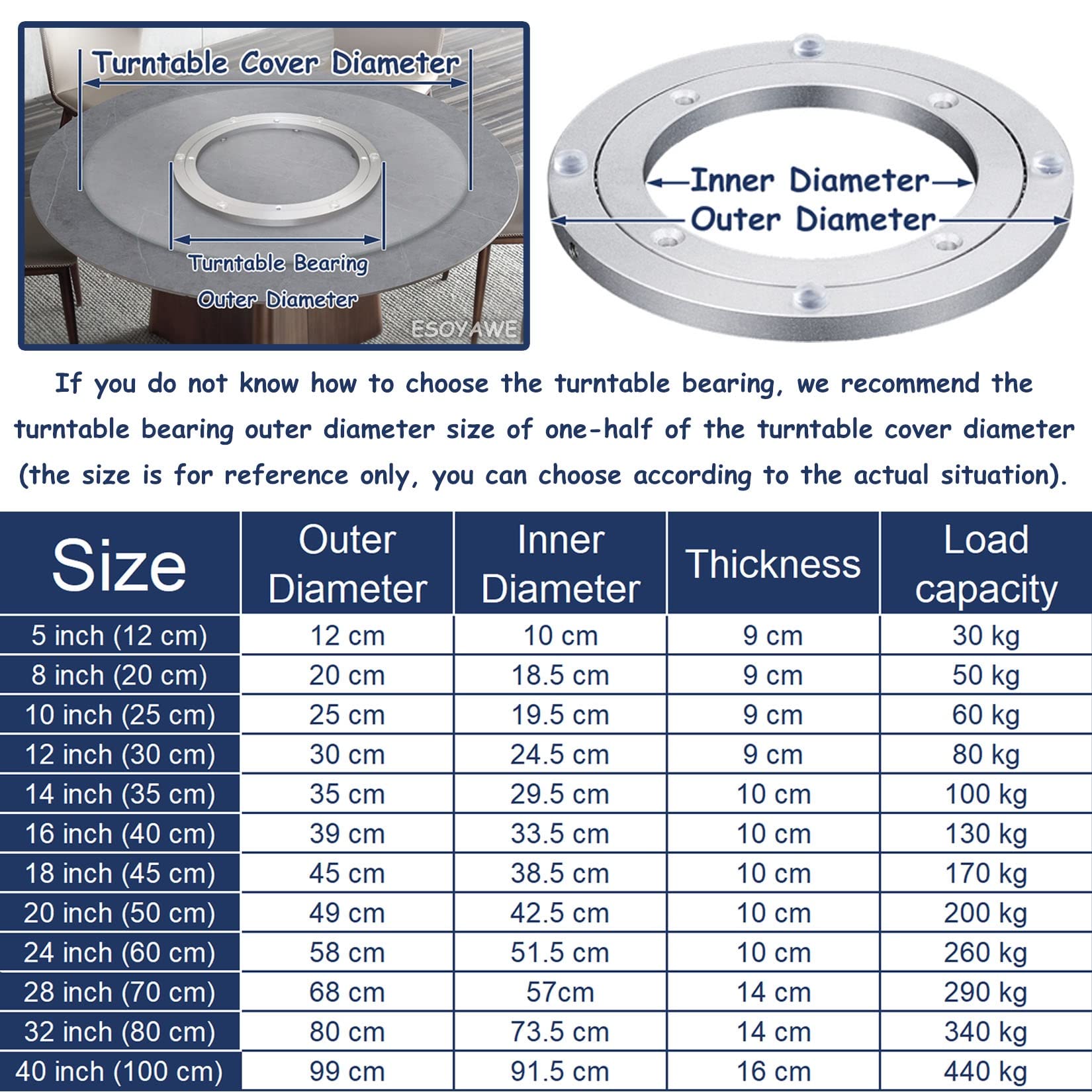 Cuscinetto for giradischi in lega di alluminio, Cuscinetto a sfere for giradischi Lazy Susan in lega di alluminio Base girevole a 360 gradi Argento Dimensioni multiple(100Cm)