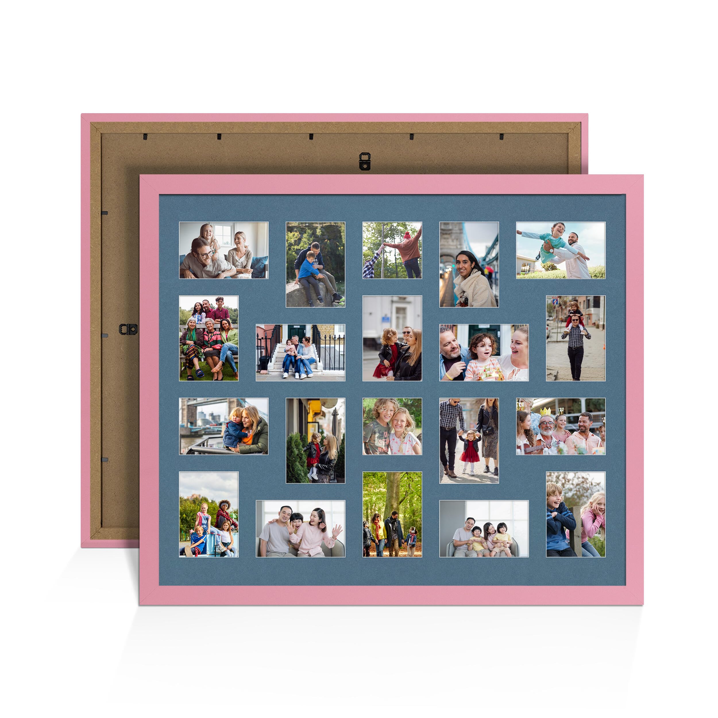 Alison Kingsgate Pink 80x70cm Photo frames for multiple pictures - 20 Apertures Collage Frame with Pompadour Mount- Holds (18x) 6x4 & (2x) 4x4 Photos - Engineered Wood & Perspex
