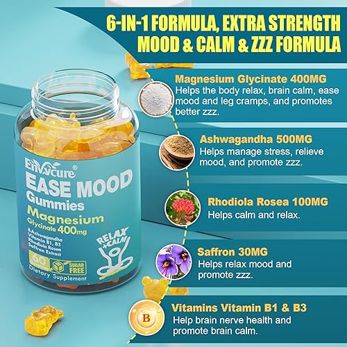 Miniatura 6 de Gomitas de glicinato de magnesio sin azúcar de 400 mg con Ashwagandha, B1, B3, Rhodiola Rosea y azafrán para apoyar el descanso, el estado de ánimo