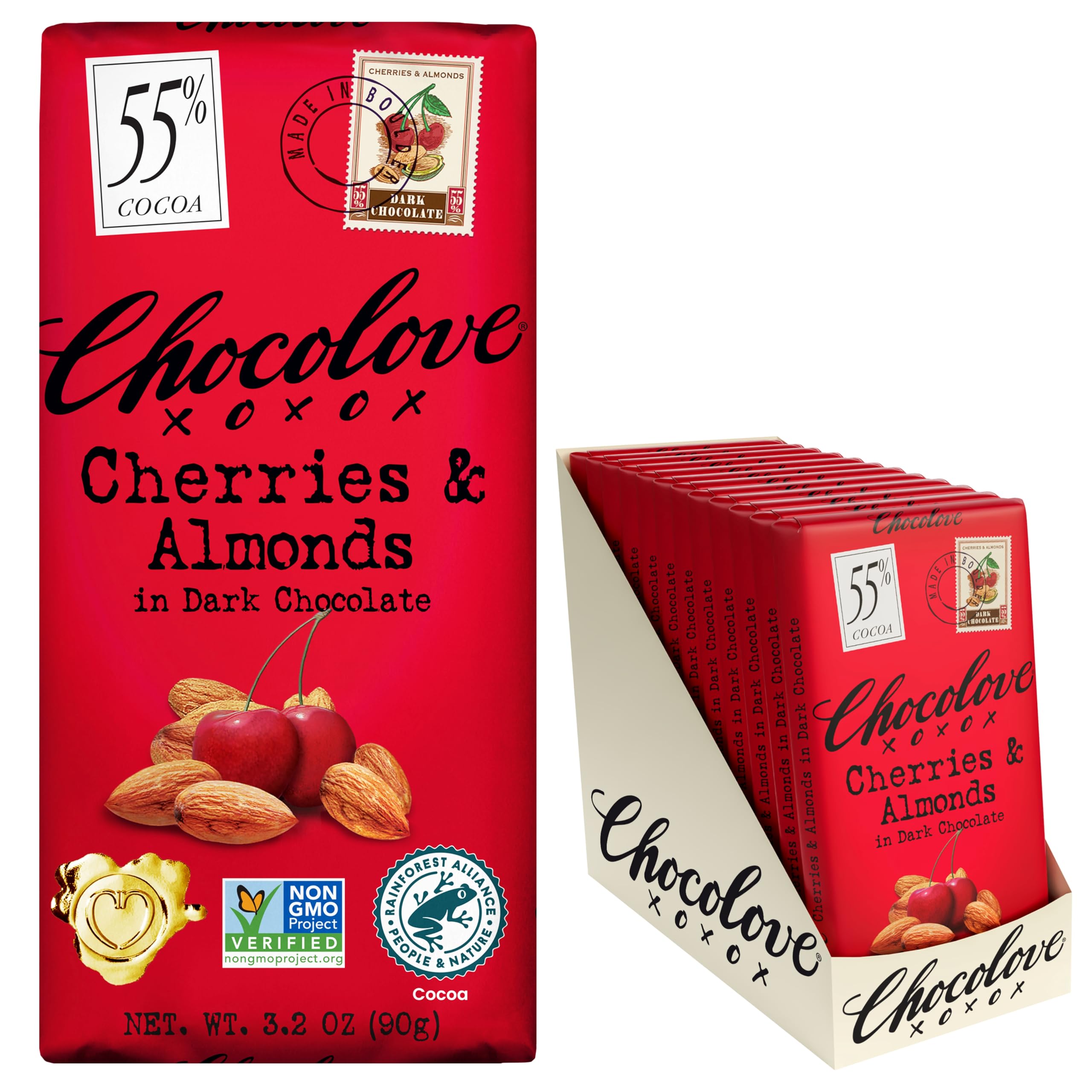 Chocolove Cherry & Almonds Dark Chocolate Bars | 55% Cocoa | Infused with Real Cherries & Crunchy Almonds | Crafted with Premium Belgium Chocolate | 3.2 oz Bar (12 Pack)