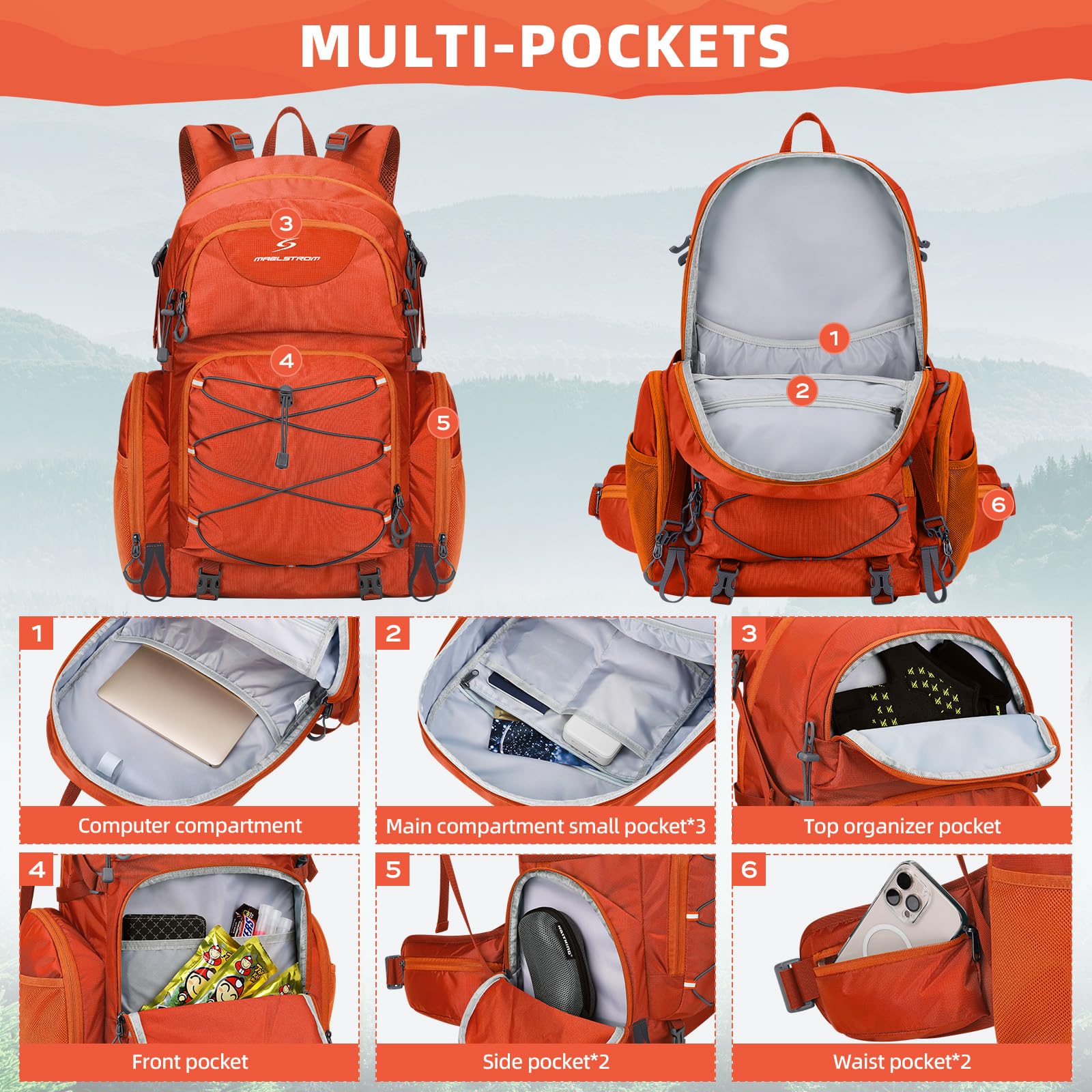 Maelstrom Hiking Rucksack 40L, Wasserdichter Wanderrucksack für Herren & Damen, Leichtgewichtiger Trekkingrucksack mit Regenschutz, Outdoor Rucksack für Camping, Wandern & Reisen - Orange | Regenschutz, hydratisierfähig, Stativgurte, Lastkompression, Über