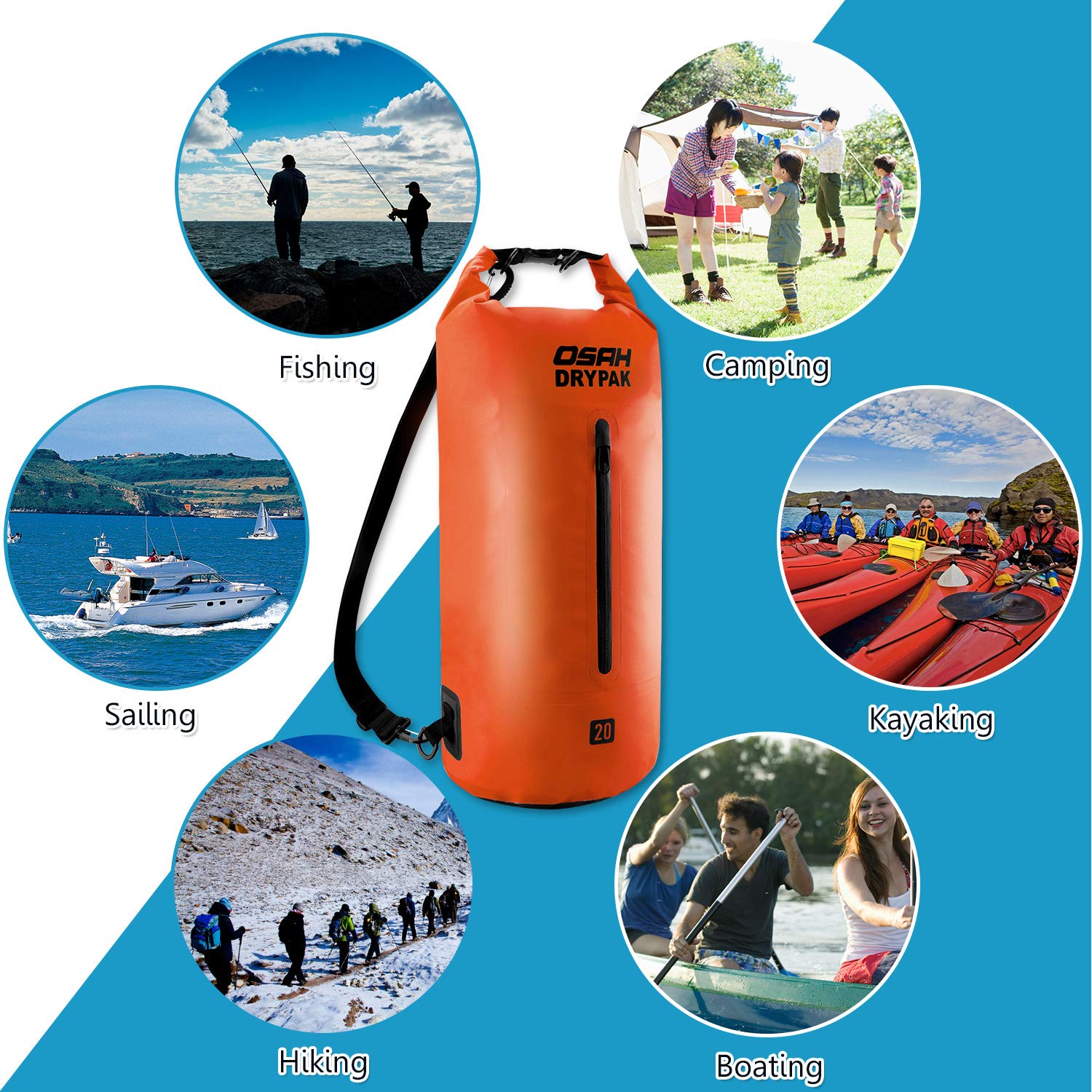 OSAH DRYPAK Borse Impermeabile Sacca Dry Bag 5L 10L 15L 20L 30L con Tracolla Regolabile per Spiaggia Sport d'Acqua Trekking Kayak Canoa Pesca Rafting Nuoto Campeggio