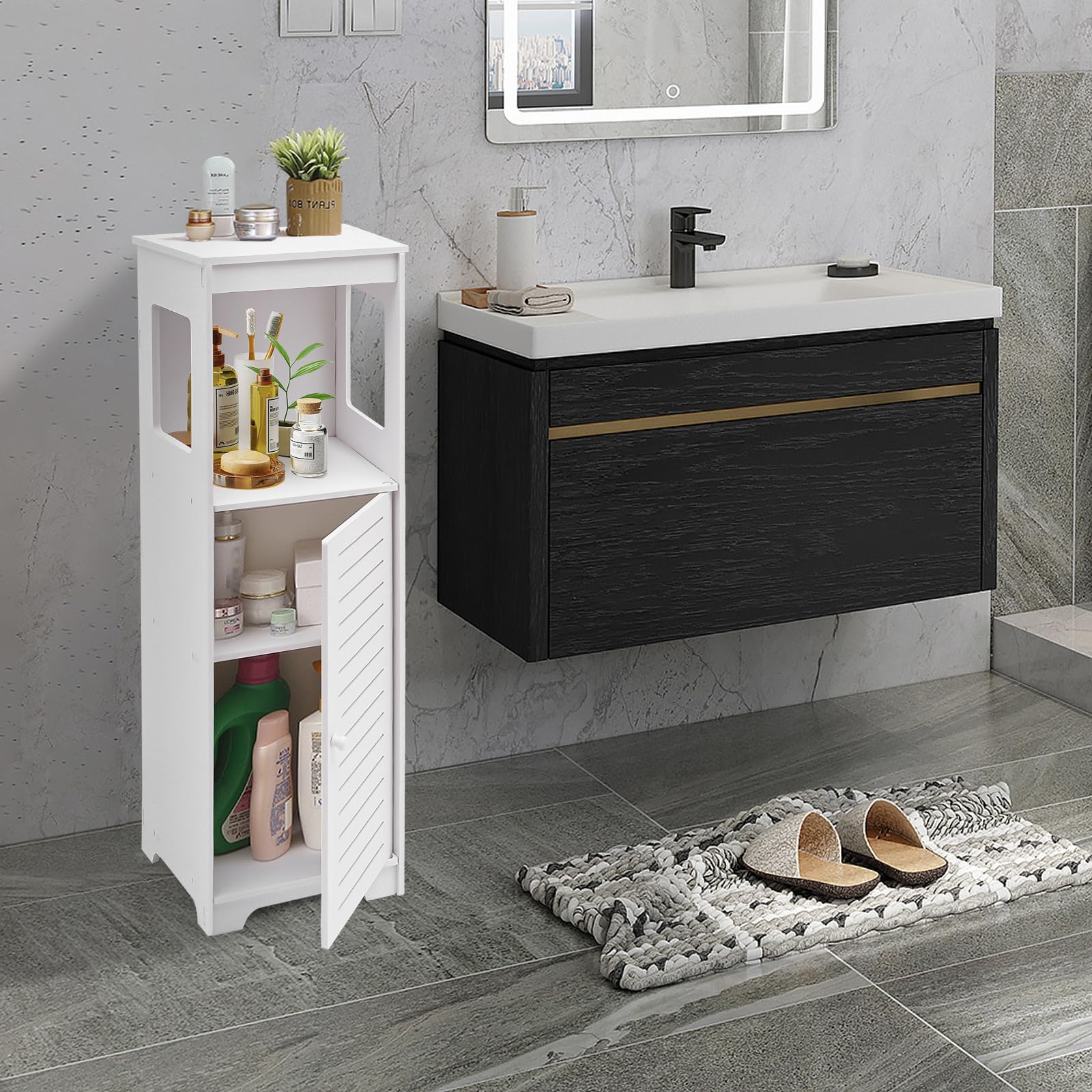 Armadietto da bagno bianco con porta, armadietto alto sottile per carta igienica e utensili da bagno, mobiletto basso compatto con ripiani, organizer versatile per bagno, WC degli ospiti e piccoli