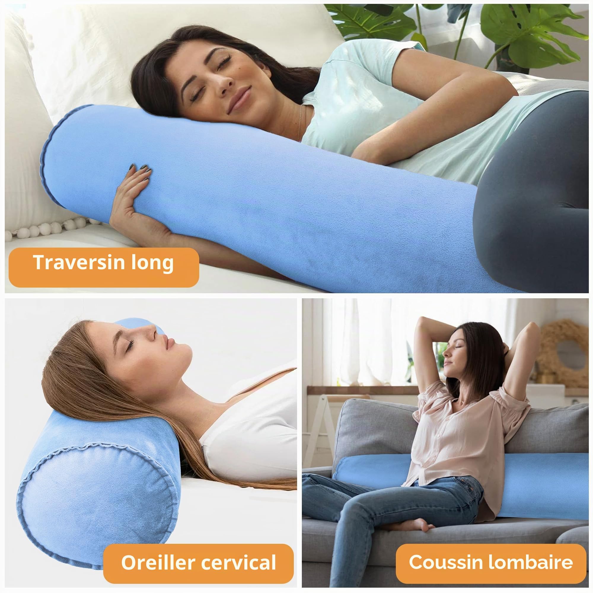 EULANT 2 Pièces Coussin Gonflable pour Dormeur Latéral, Léger Oreiller Long et Rond, Doux Traversin pour Le Corps, Oreiller de Soutien pour Voyage, 120 * 20cm, Gonflable et Compact
