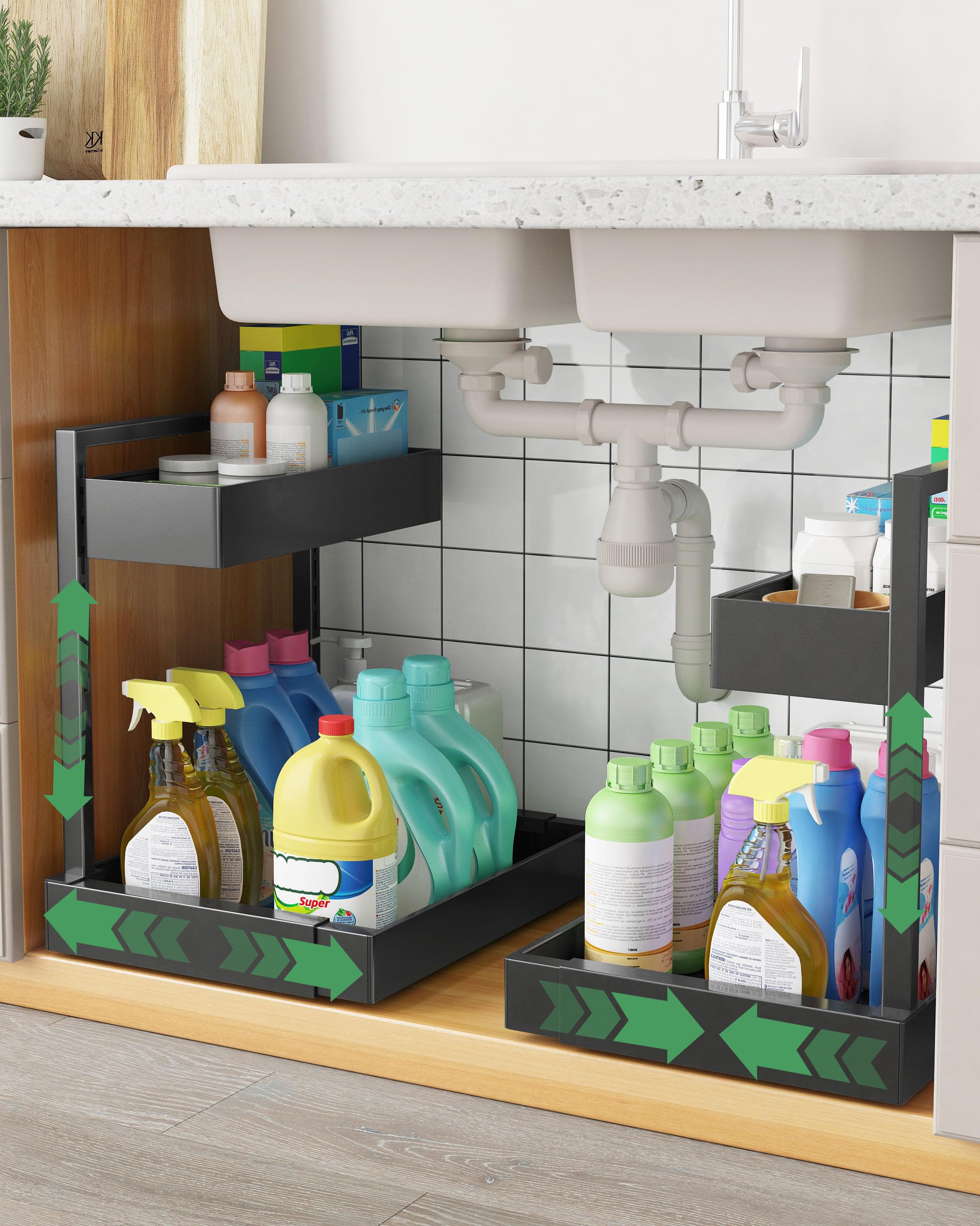 UMDONX Expandable Under Sink Organizer Kitchen Storage, 2 Pack 2 Tier Pull out Cabinet Rack Tidy 6 Height Adjustable Option, Durable Metal Black