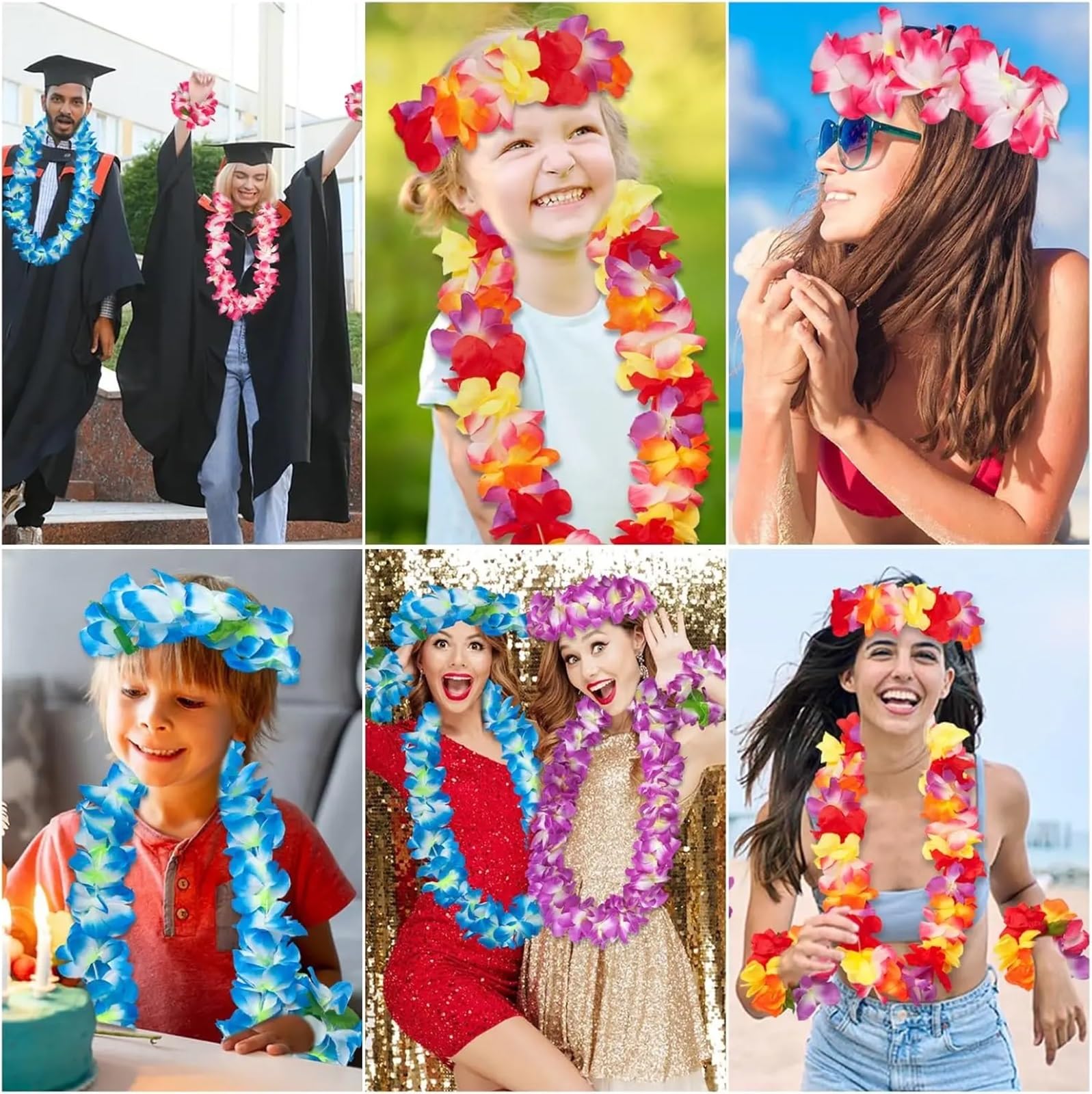 Collar de Flores Tropicales con Leis Hawaianos Gruesos, 12-48 Piezas, for Playa, Fiesta Luau, Piscina, Suministros for cumpleaños Tiki(Color A,48 Pieces)