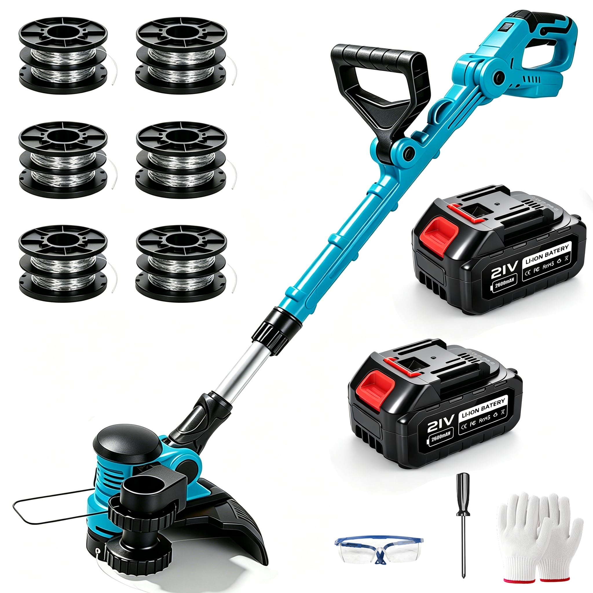 Desbrozadora a Bateria Electrica Recortadora de Cortabordes Bateria | con 21V 4000 mAh Bateria 4 Bobinas, Mango Tubo Ajustables, Cortadora de Césped para Césped y Jardín