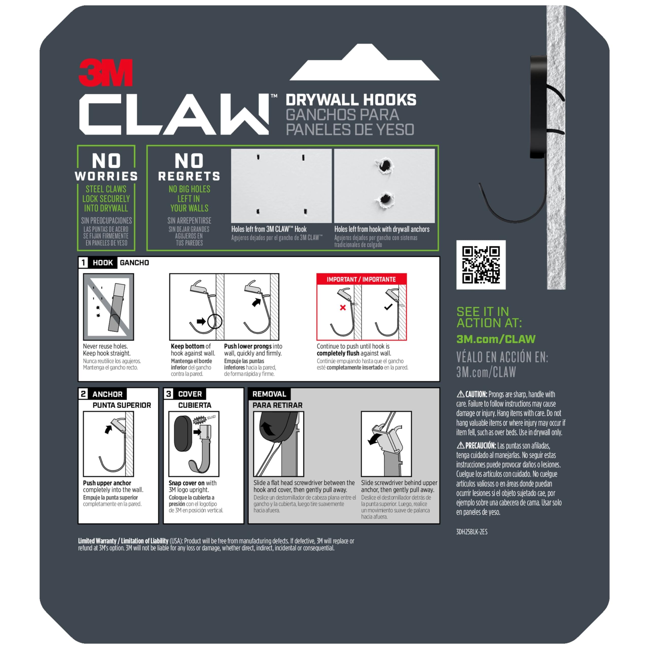3M Claw (TM) 25 libras. 2 ganchos negros para paneles de yeso y 2 ganchos para fotos, solución pesada para colgar mochilas, chaquetas, fotos y decoración del hogar, paquete de 4