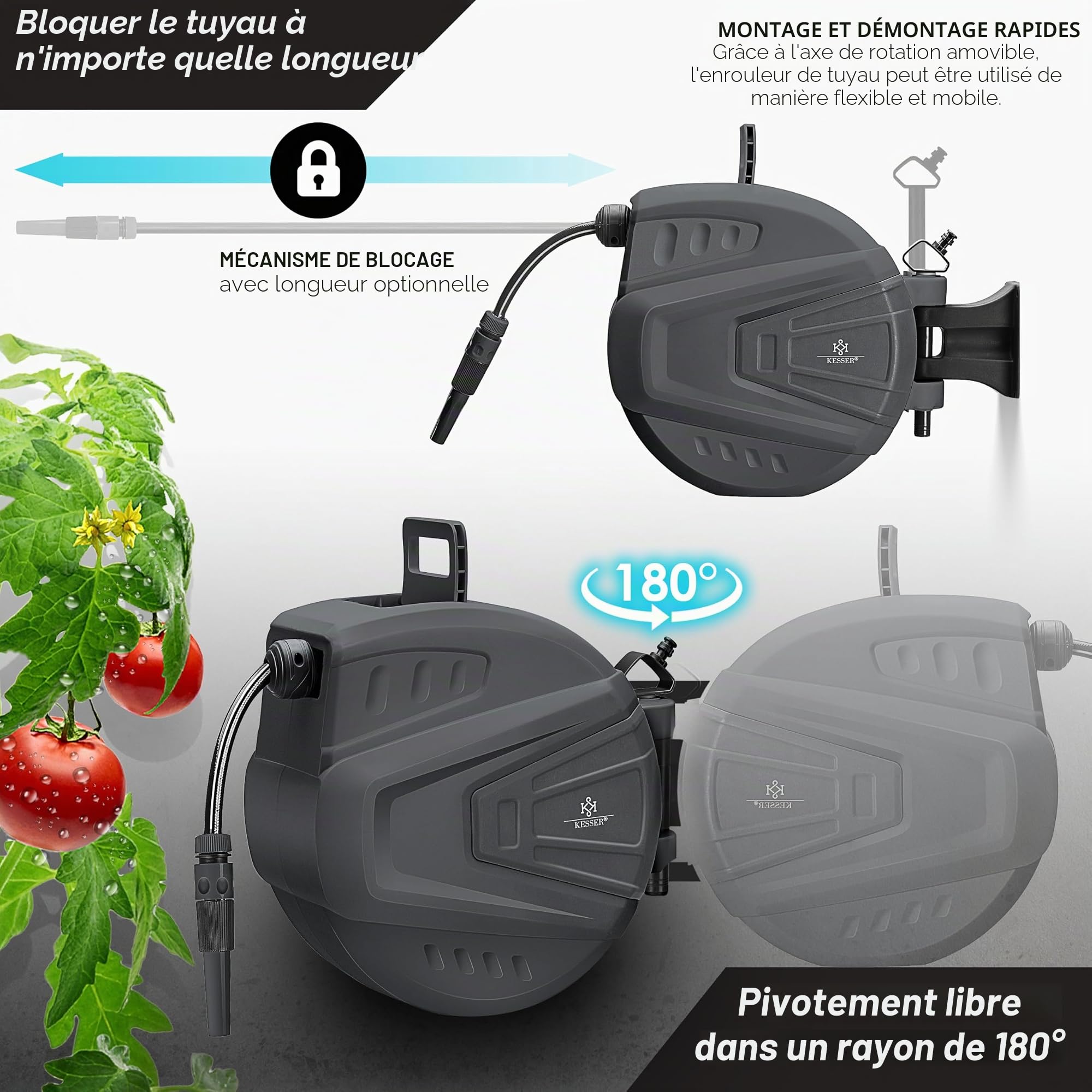 KESSER® Bobine de tuyau automatique 30 m + 2 m, boîte murale de tuyau avec automatisation de déroulement, enrouleur de tuyau avec tuyau de jardin, pivotant à 180° + douchette multi avec 9 modes, incl