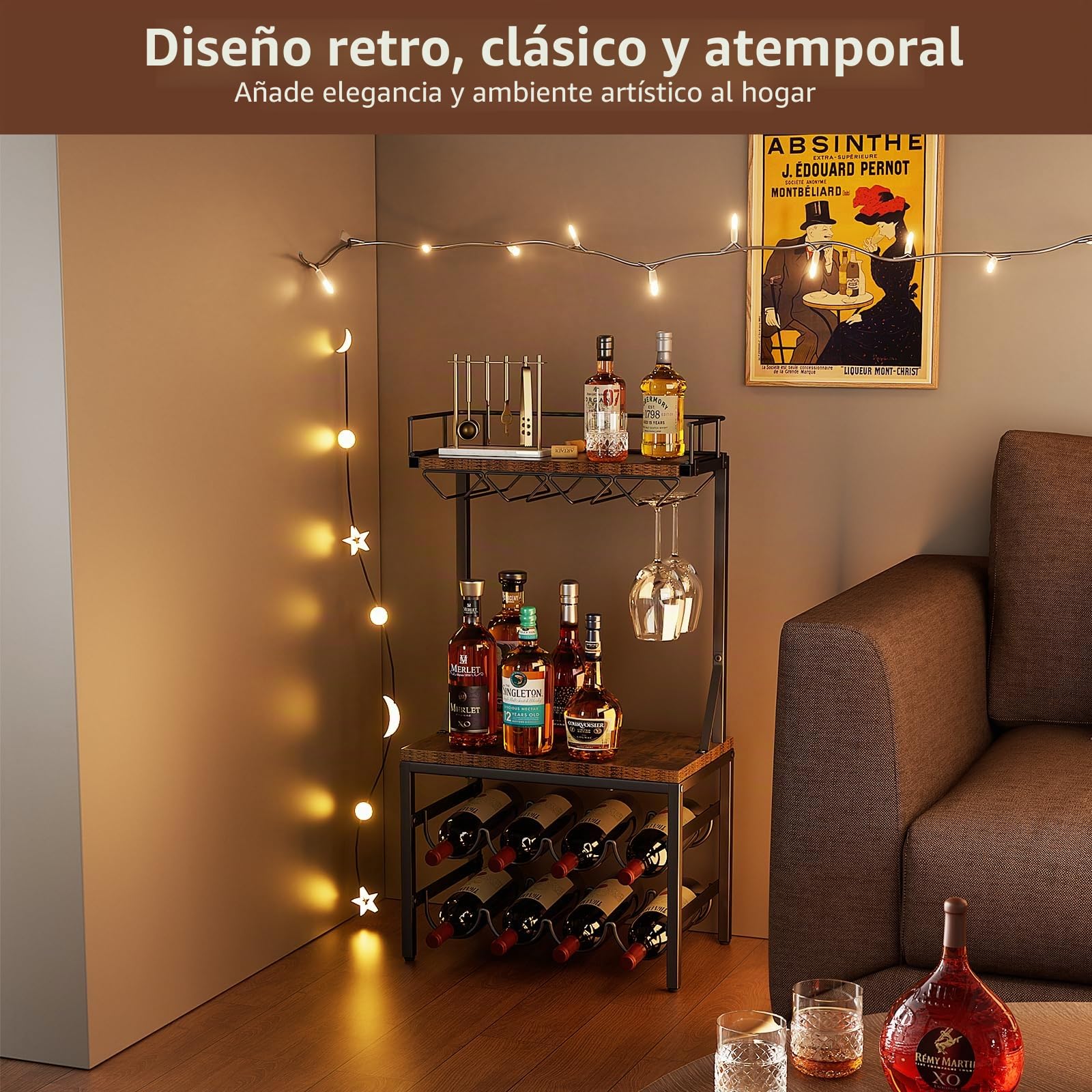 Nuovoware Armario para licores de 3 estantes, Soporte para 8 Botellas, Marrón+Negro