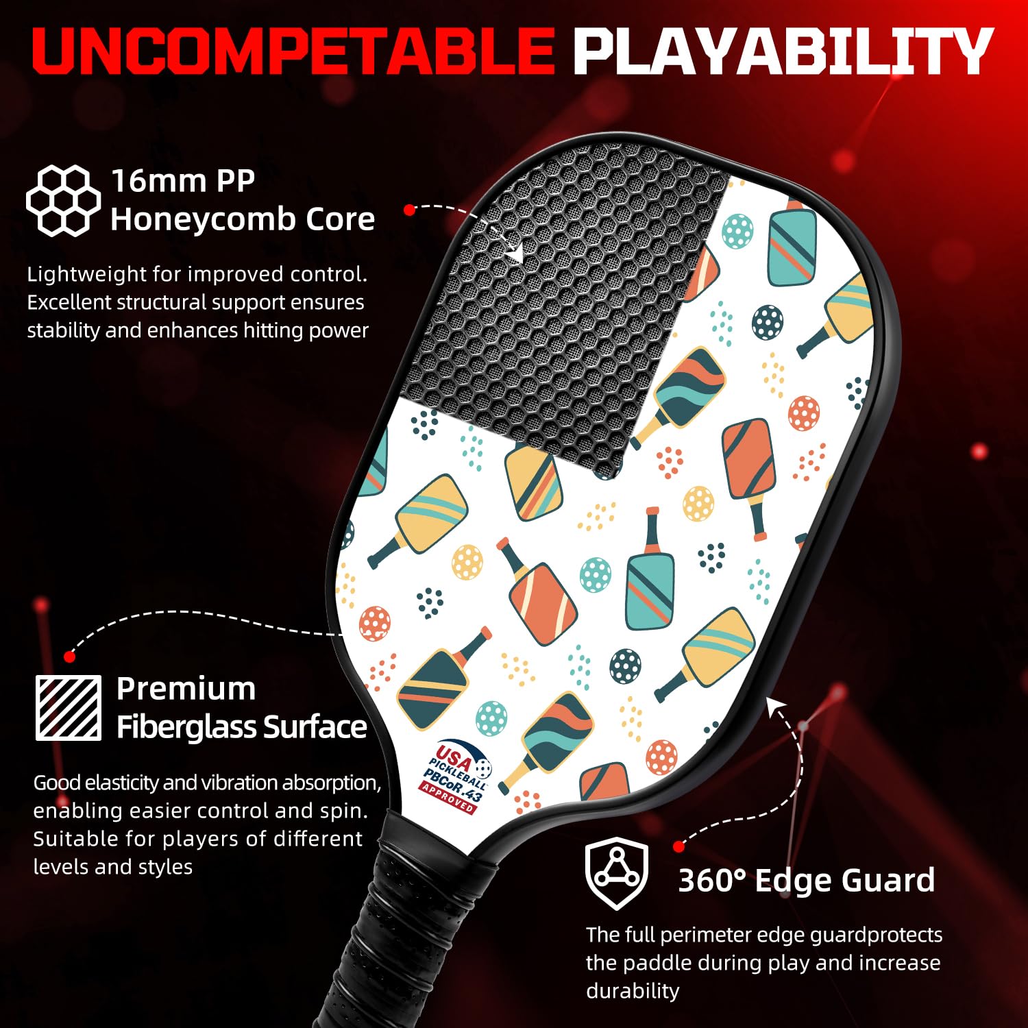 BAGAIL Set di racchette da pickleball, racchette con 4 palline, leggere - Elevato assorbimento degli urti - Ergonomiche, adatte per partite indoor e outdoor - 4