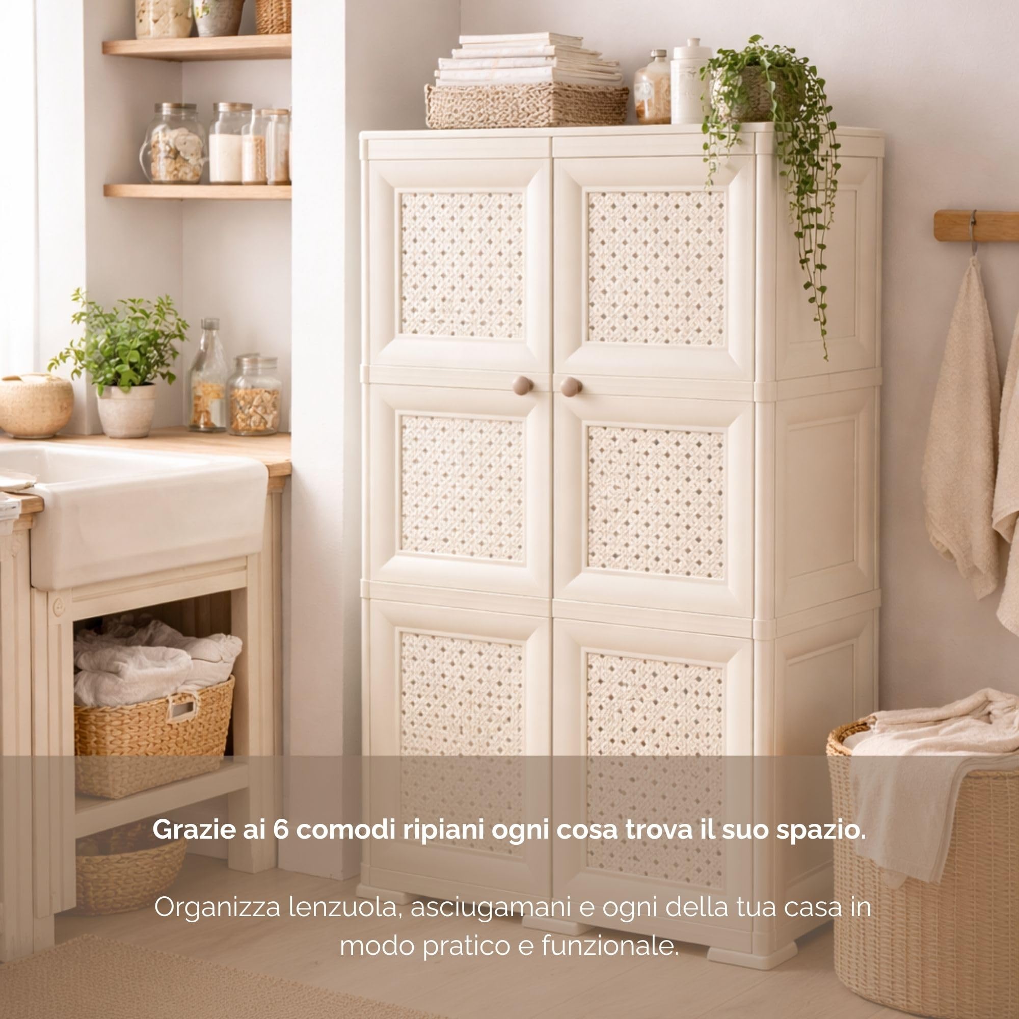 Armadio in Plastica 79 x 43 x 125 cm con Ante Traforate – Mobile Contenitore Verticale Salvaspazio per Zona Living e Organizzazione Casa (Angora)