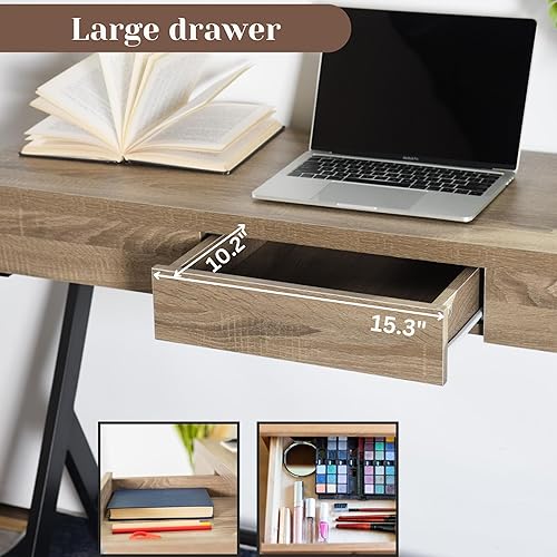 Miniatura 8 de FurnitureR Escritorio de madera para computadora de 45.7 pulgadas con cajón de almacenamiento, escritorio contemporáneo con patas de metal para