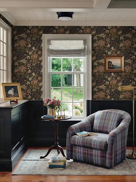 Vintage Peel and Stick Wallpaper Dark Blue Floral Contact Paper 16.1x78.7 Retro Victorian Dark Academia Wallpaper for Bedroom Moody Cottage Core Wall Paper Removable Waterproof Vinyl Roll