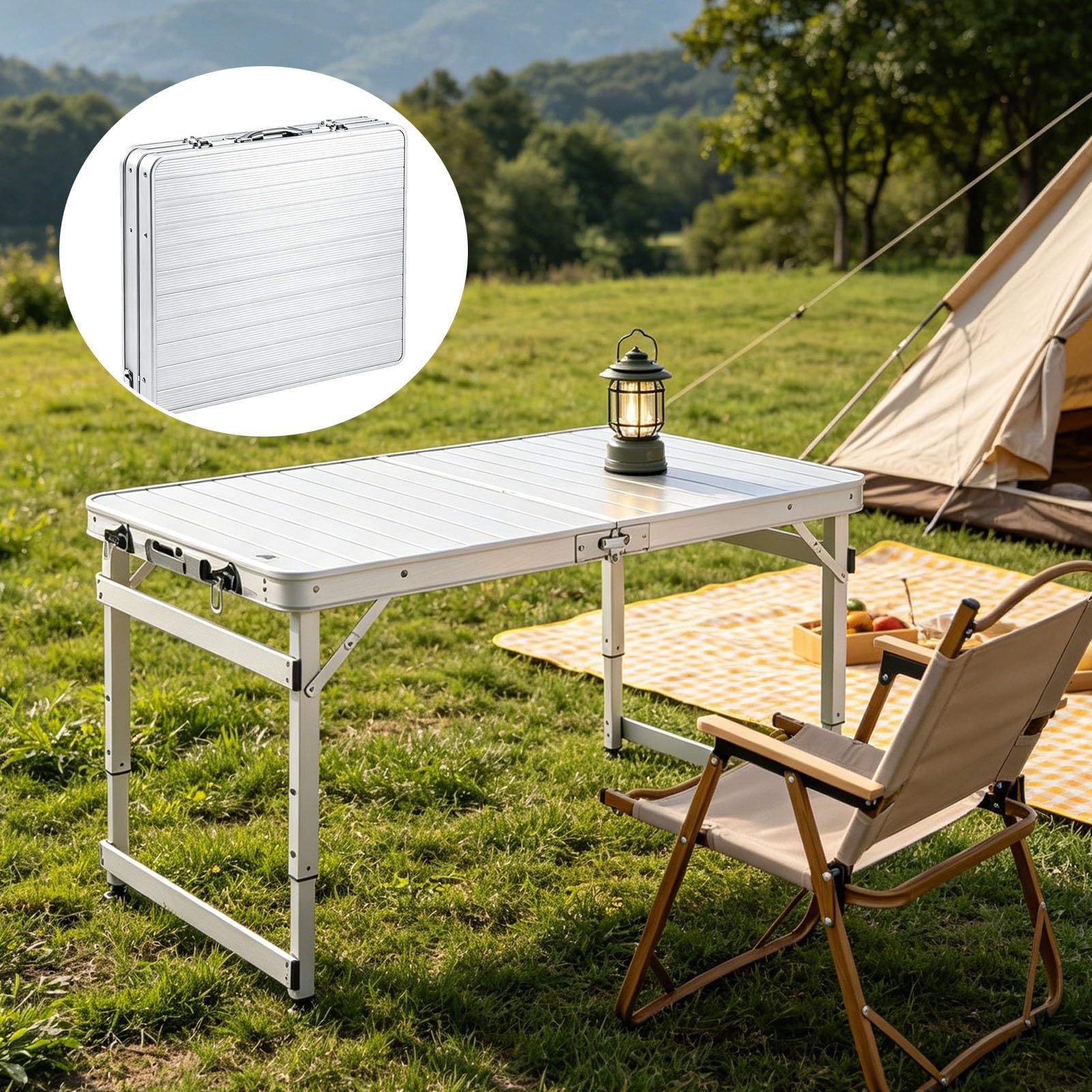 Tavolo da campeggio pieghevole in alluminio con altezza regolabile, manico portatile, leggero, resistente, tattico, multiuso, per picnic, cucina, lavoro, viaggi
