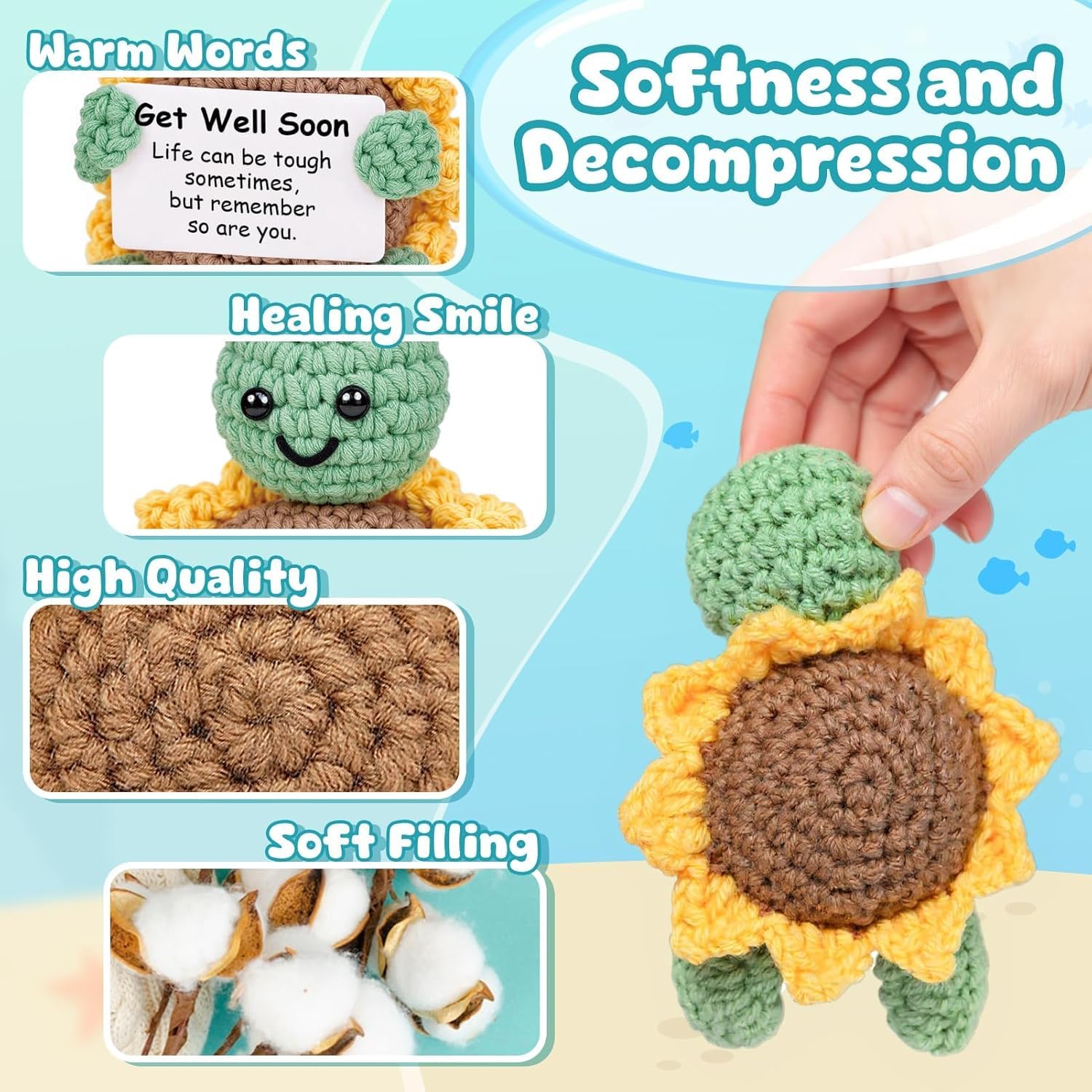 ALUNME Get Well Soon Gifts for Women Men - Cute Handmade Crochet Turtle with Sunflower Shell, Positive Get Well Gift for Women Friend Family, Feel Better Gift for Surgery Recovery (get well soon) - Image 4