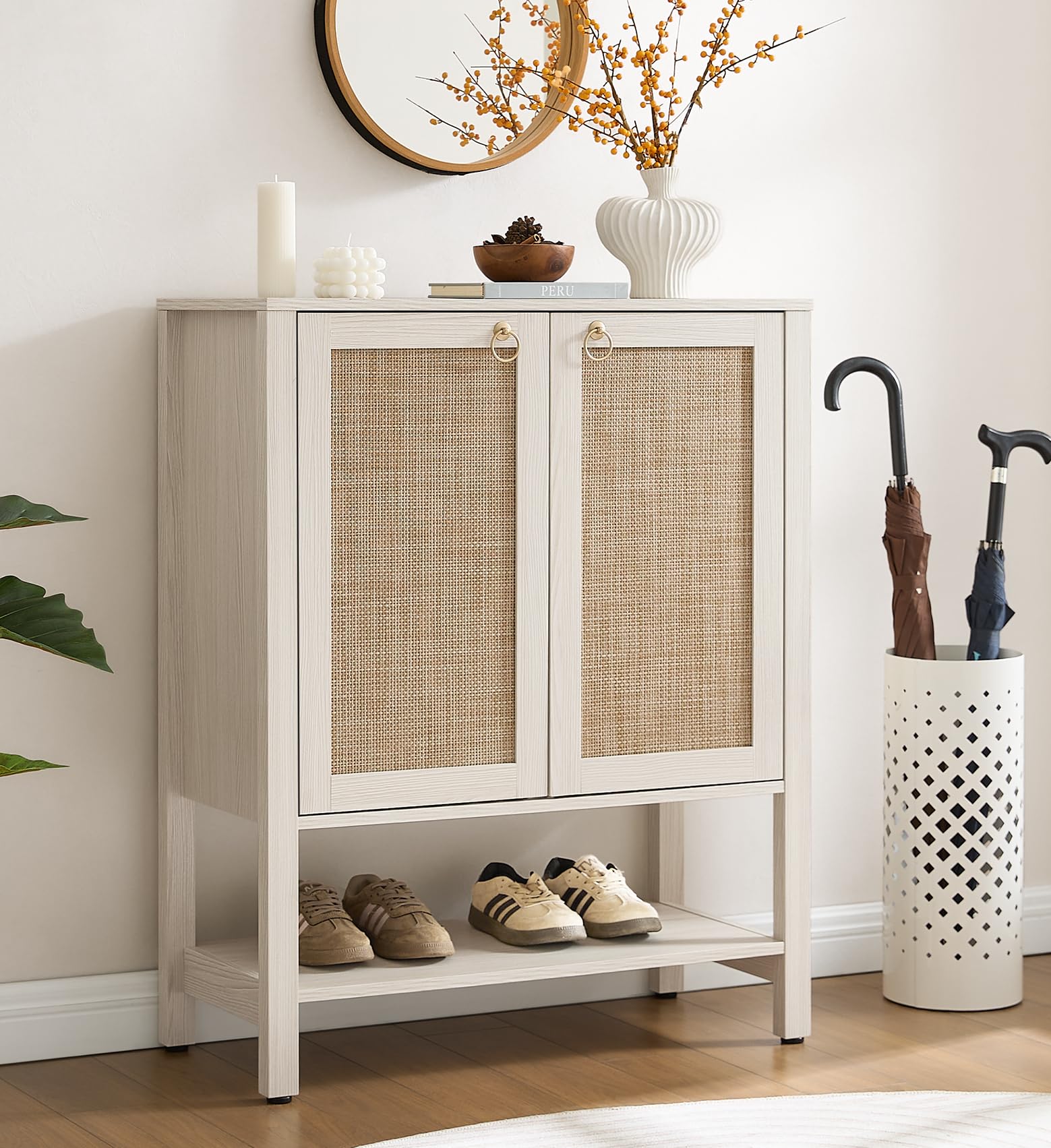 SICOTAS Rattan Shoe Cabinet with Storage - 5 Tier Farmhouse Boho Shoe Organizer Storage Cabinet with Shelves & Doors, Tall Shoe Rack Cabinet for