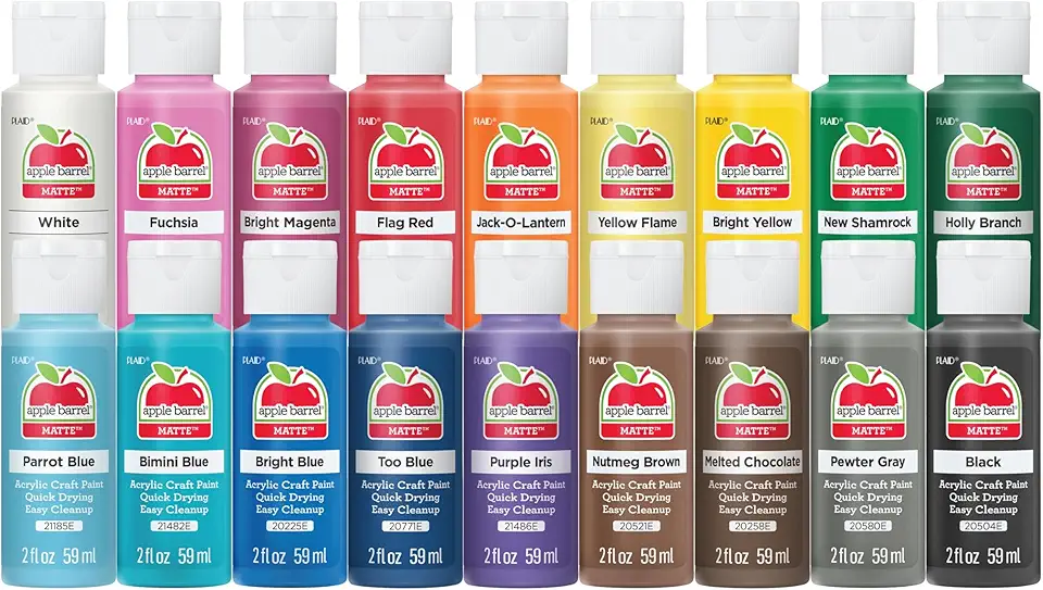 Apple Barrel Acrylic Craft Paint Set, Perfect for Arts &amp; Crafts, 2 fl oz Each, 18 Assorted Matte Colors, 18 Count