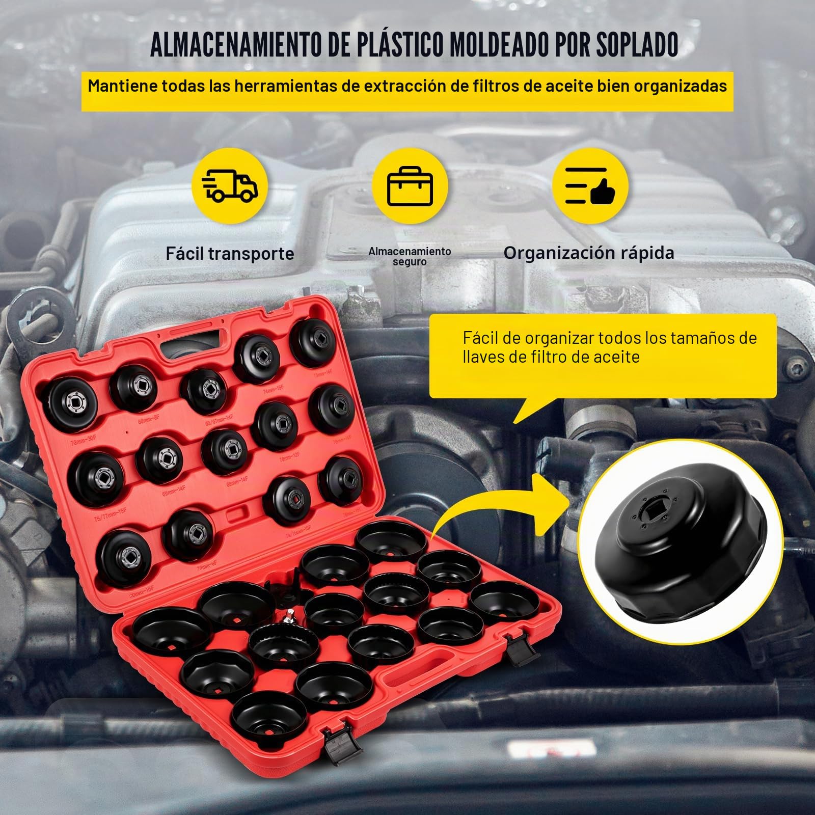 VEVOR Juego de Vasos para Filtro de Aceite 30 Piezas Juego de Llaves de Filtro de Aceite de Acero Perfil Bajo con Cabeza de 3/8" con Estuche para Quitar e Instalar Tapa del Filtro de Combustible