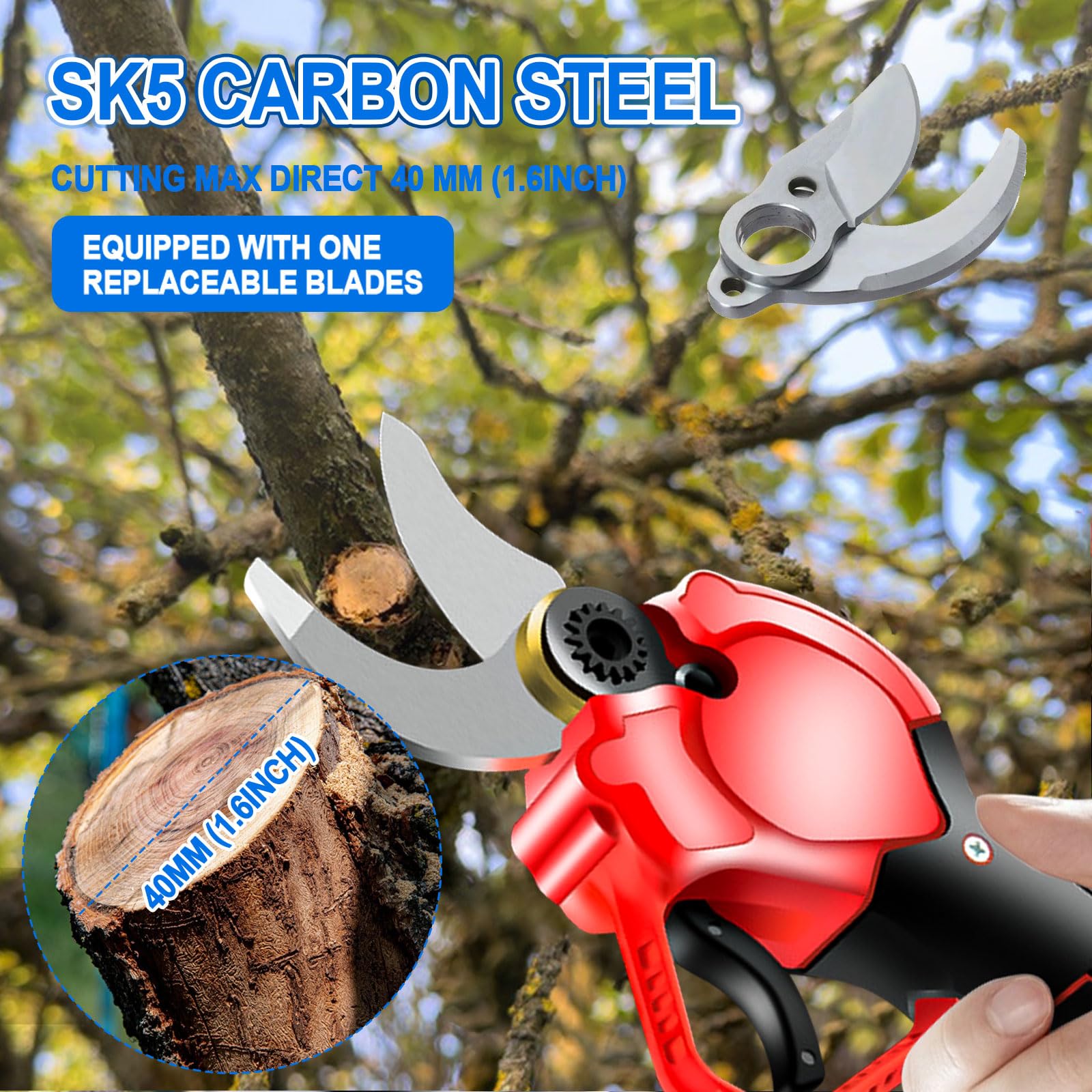 Sécateur électrique sans fil 40 mm, 21 V, moteur sans brosse, lames SK5 avec verrouillage de sécurité, sécateur à batterie pour arbres fruitiers, jardins, branches