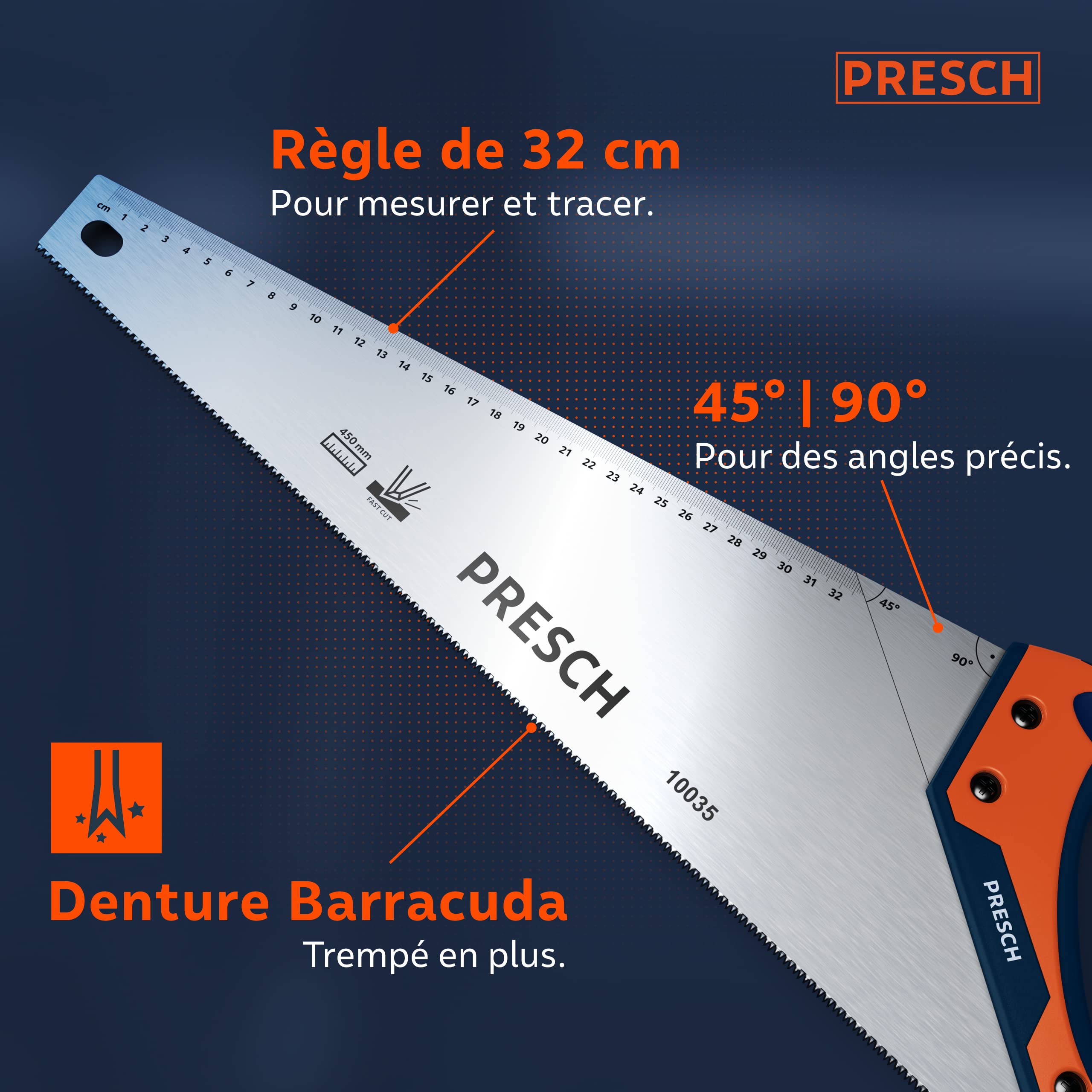 Presch Scie égoïne à main 450 mm - Scie à bois avec traçages à 45° et 90° - Scie à main professionnelle pour couper bois, pvc et sols stratifiés - Hand Saw
