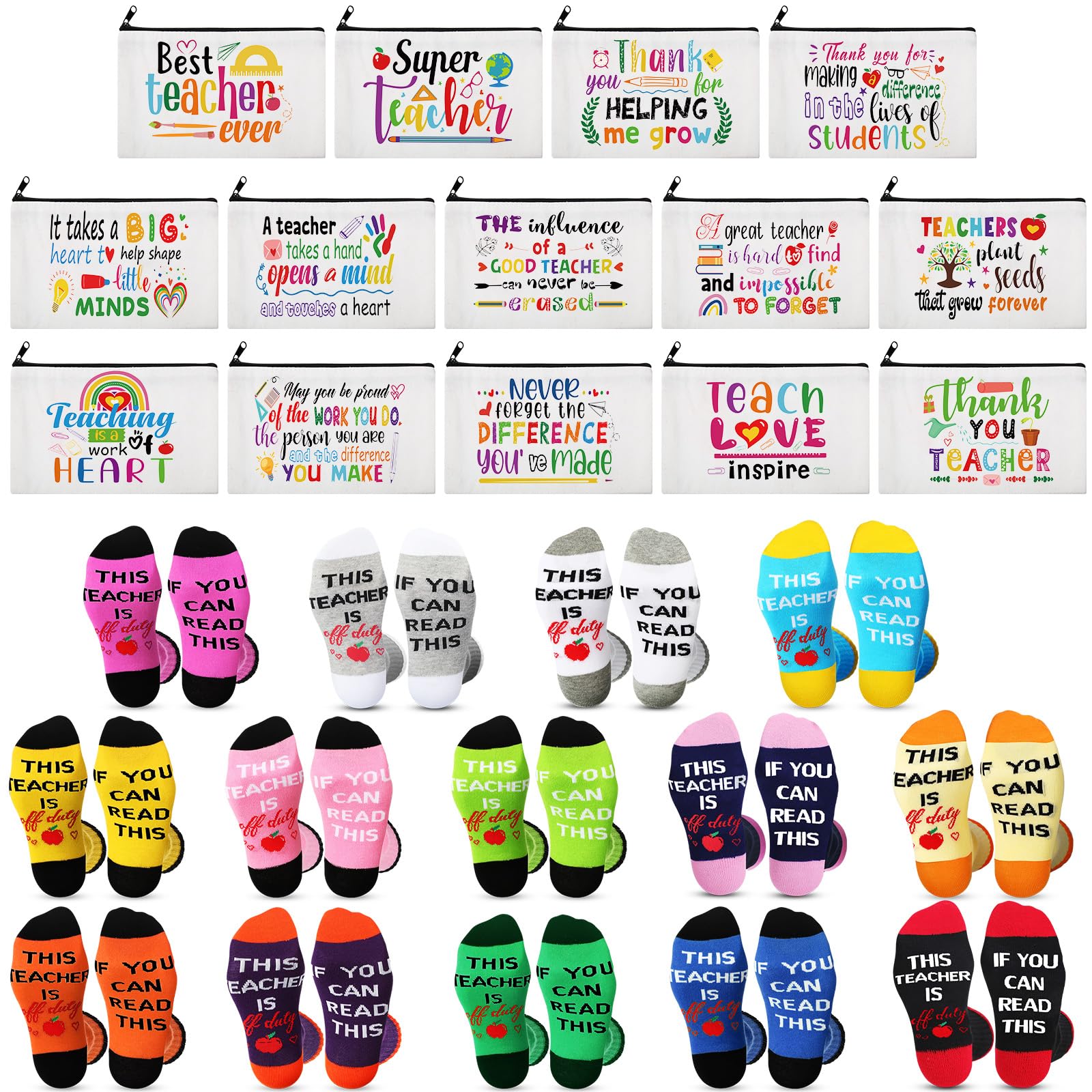 Shinymoon 28 Pcs Teacher Appreciation Gifts Bulk If You Can Read This Teacher Socks 14 Style Thank You Makeup Bags for Graduation Teachers Day Back to School Gifts(Vibrant,White,Polyester)