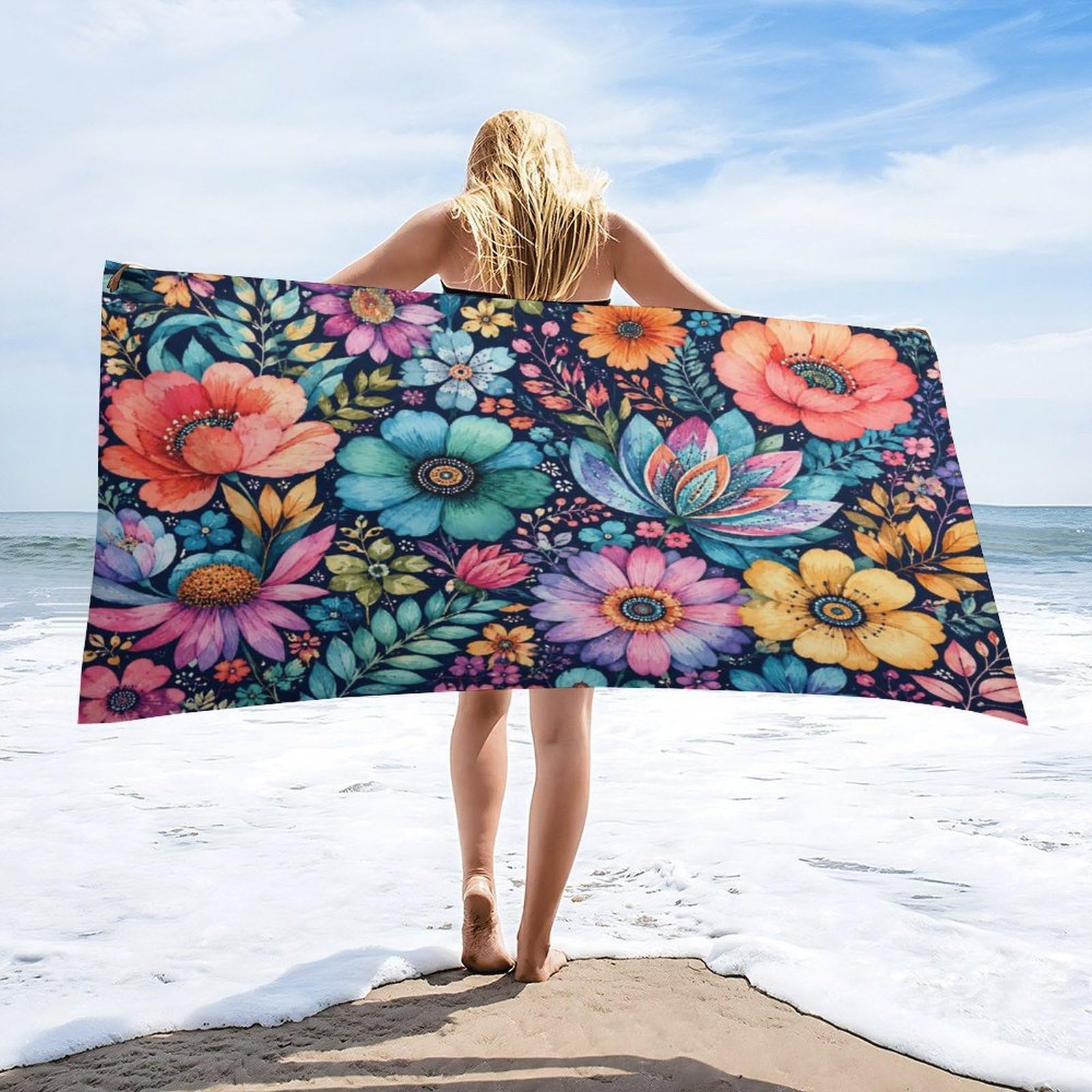 Anceky Colorful Floral Beach Towel 32"×63",Soft Microfiber Bath Towel Shawl, Quick Dry Absorbent Pool Spa Gym Shower Towel