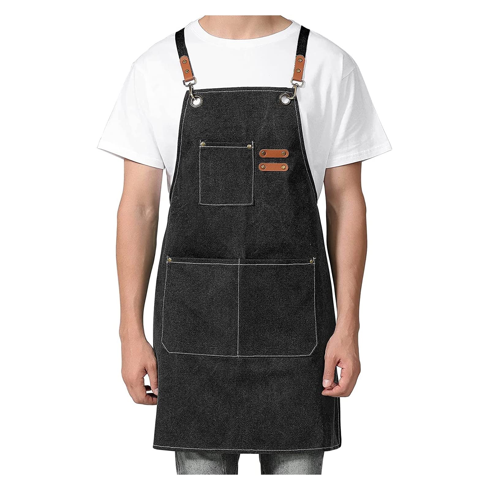 IOFIT Tablier de cuisine Tablier de travail en toile robuste Tablier réglable à sangle croisée for hommes Tablier en cuir PU for hommes