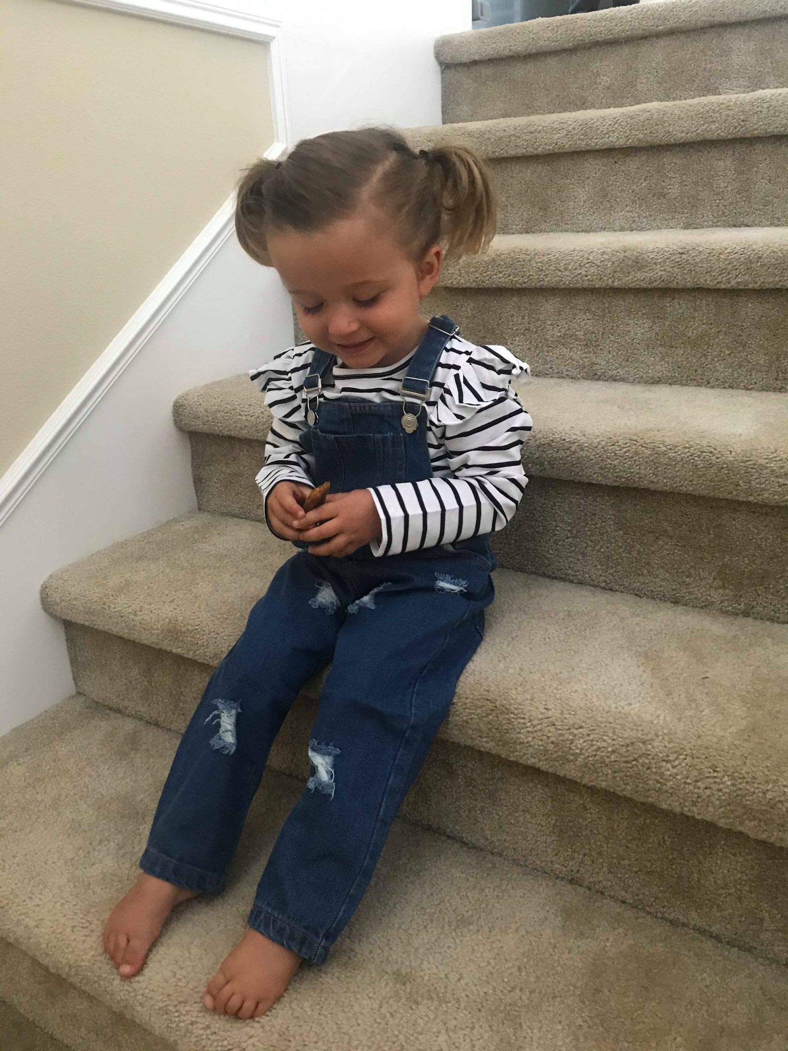 2 piezas de ropa de bebé niña mono mamelucos ajustables rasgados pantalones vaqueros conjunto con manga larga raya camiseta - azul - 12 -18 meses