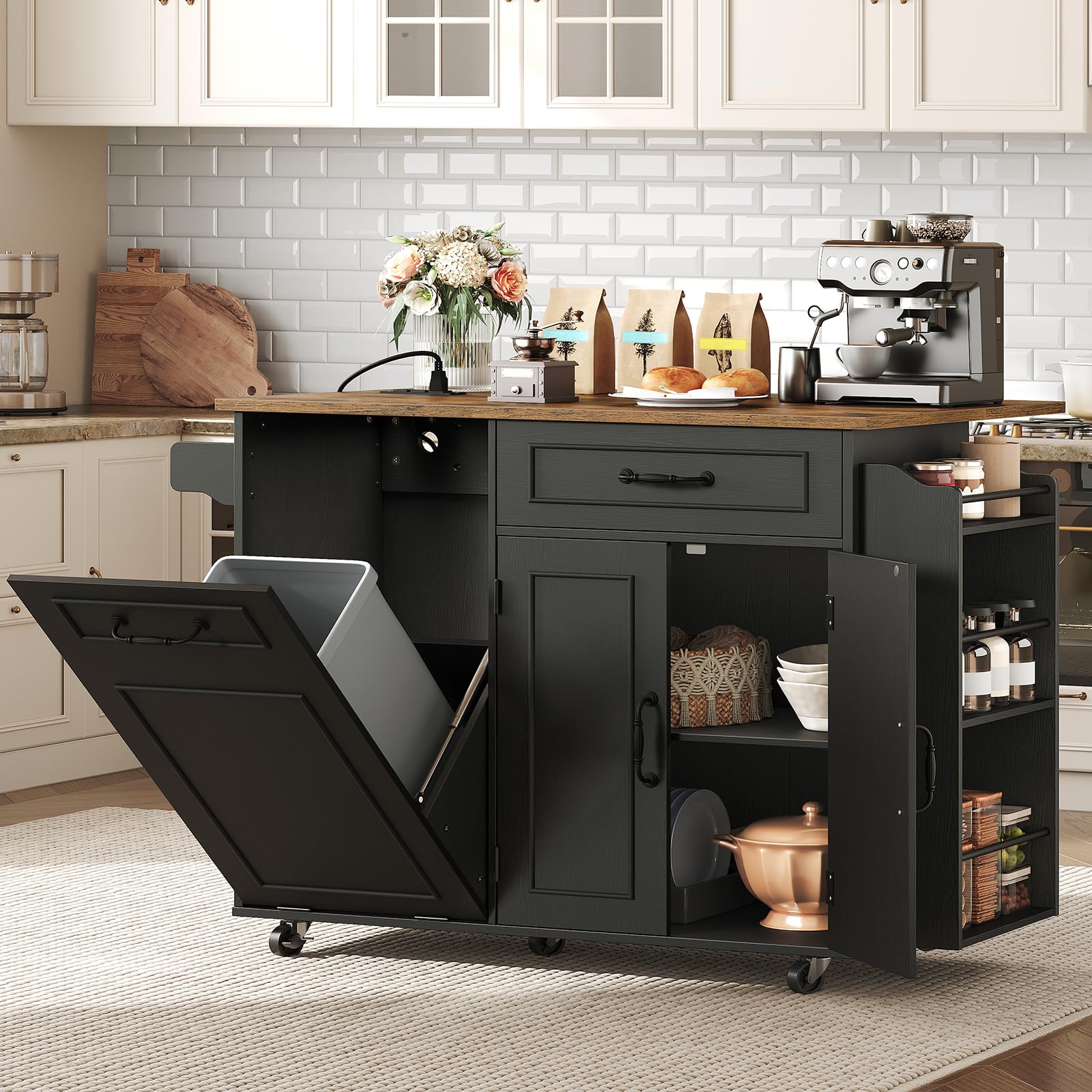  Kitchen Island with Power Outlet & Drop Leaf, Mobile Rolling Cart with Trash Can Storage, 3-Tier Spice Rack, Island Table for Kitchen, Dining Room, Black and Rustic Brown