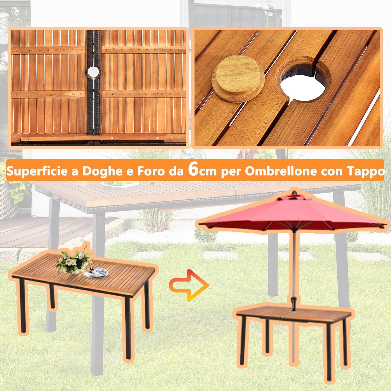 RELAX4LIFE Tavolo da Giardino in Legno di Acacia con Foro Ombrellone 6 cm, Gambe in Metallo, per 6 Persone, Design a Doghe per Esterno, Terrazza, Patio, Portata 50KG (140x75x76cm, Rettangolare)