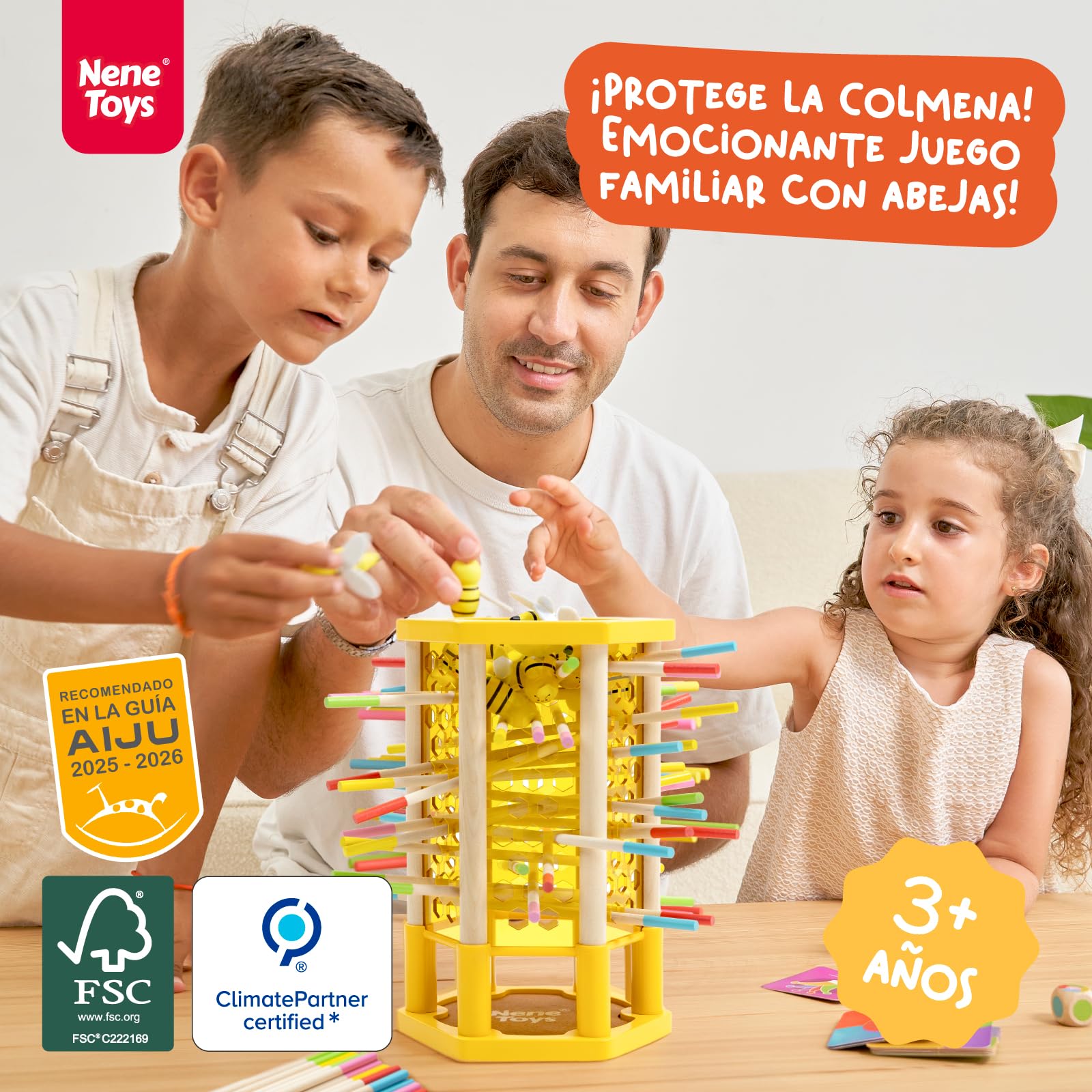 Nene Toys BEEFALL, Juego Montessori 4-en-1 para Niños 3-9 Años - Juguete Educativo de Madera con Colmena, 12 Abejas, Palitos de Colores, Dados y Cartas - Juego Familiar para el Desarrollo Cognitivo