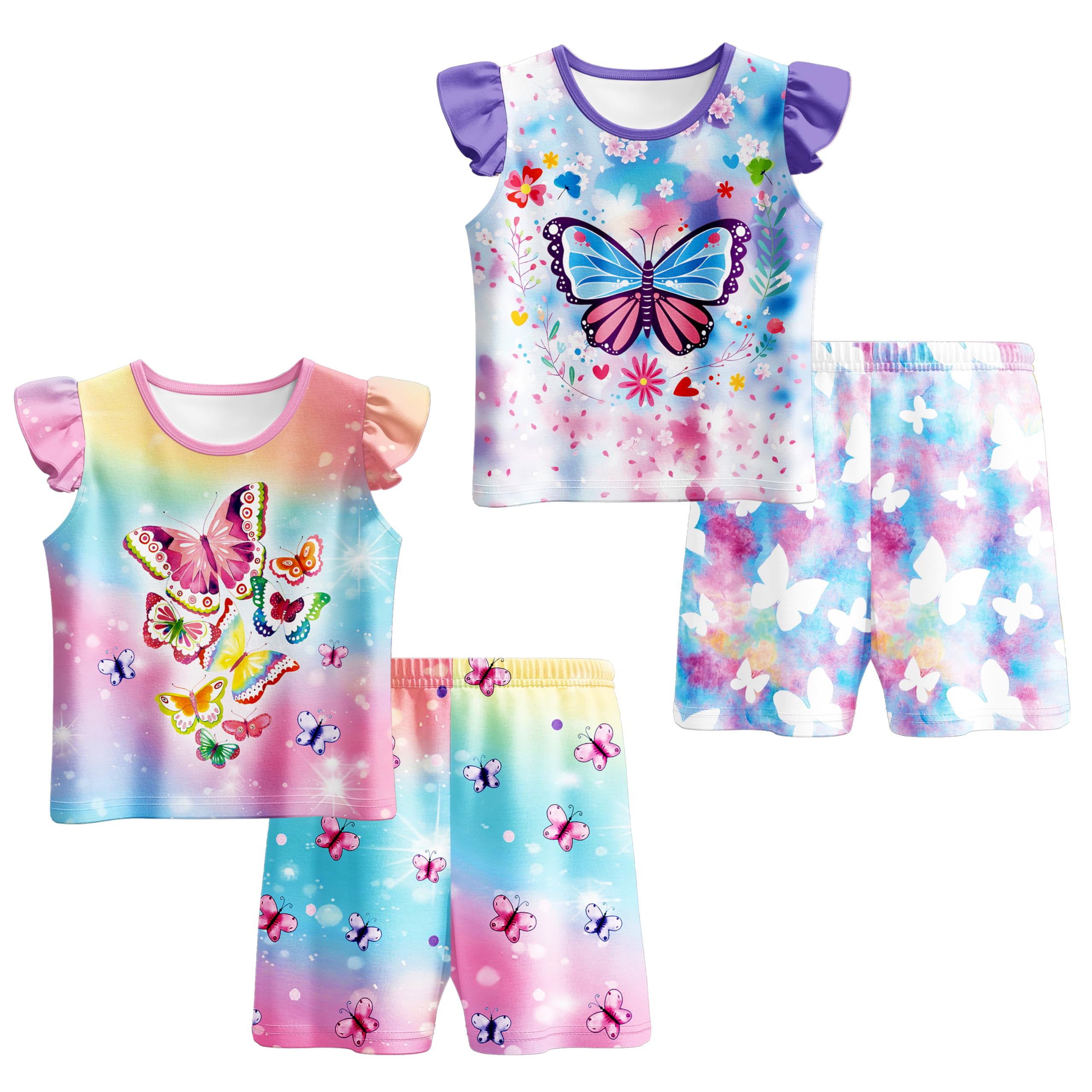 LQSZ Girls Pajamas Set Kids 4 Piece Summer Flutter Sleepwear Toddler Short Sleeves PJs Pajama for 3-10 Years