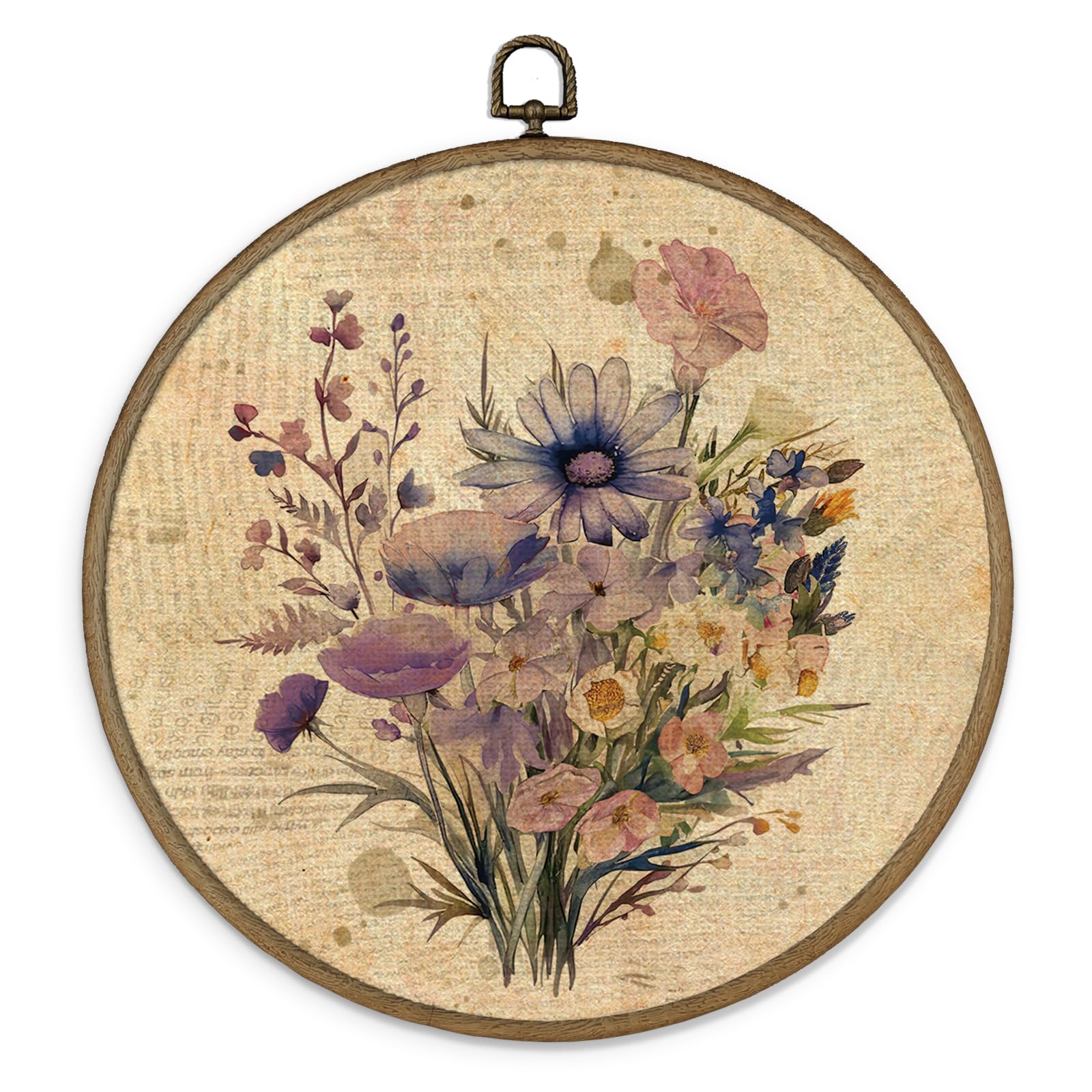 MAQIKA Vintage Flower Framed Wall Art Decor, Wildflower Wall Art, Farmhouse Botanical Round Wall Hanging Decor, Boho Purple Floral Canvas Prints Wall