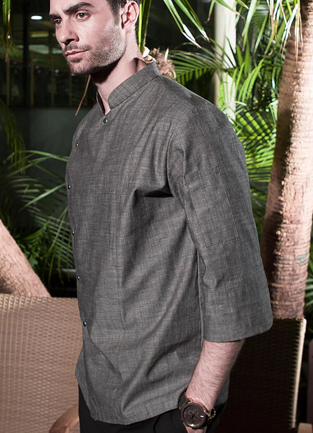 Lenmipot Men's Chef Coat 3/4 Short Sleeves Kitchen Chef Jacket Metal Snaps Restaurant Chef Uniforms for Men Chef Shirt - Image 3