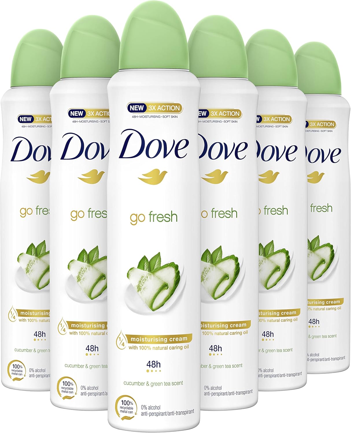 Dove Go Fresh Cucumber & Green Tea Anti-Transpirant Deodorant Spray, biedt tot 48 uur bescherming tegen zweet en hydrateert de huid – 6 x 250 ml – Voordeelverpakking