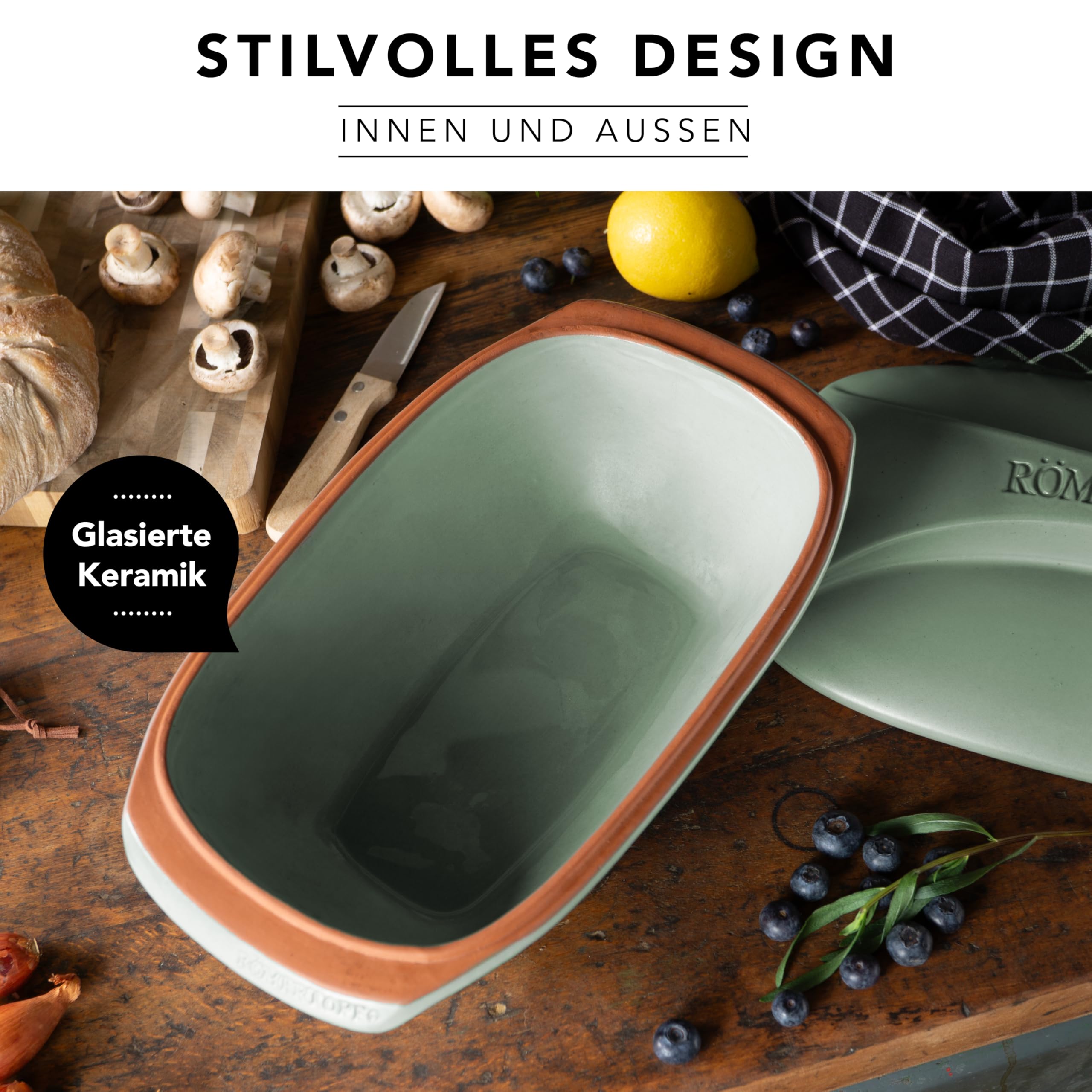 Römertopf CULINARIO – Cazuela de cerámica con tapa para 4 personas, 3 L, para guisar, asar y cocer al vapor, apta para horno y lavavajillas, verde