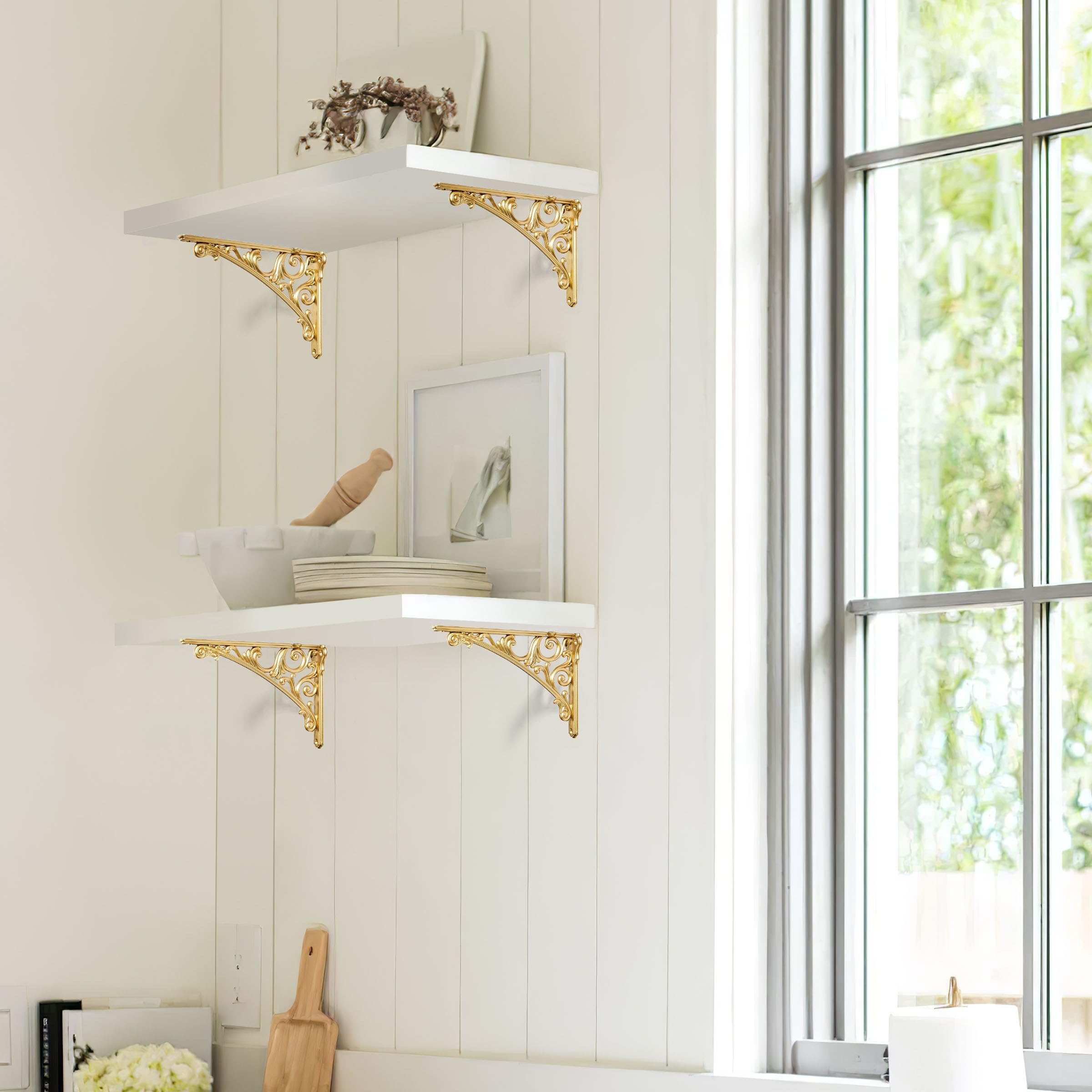 KHTUMEWARE-BFS Brushed Gold Shelf Brackets 6 in (152 mm) 4-Pack in Brushed Gold — KHTUMEWARE