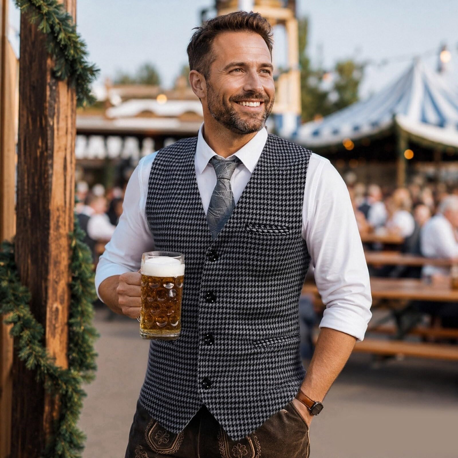 Gilet tradizionale da uomo per Oktoberfest, stile vintage, con tasche e bottoni, classico, con scollo a V, senza maniche, trapuntato, tinta unita, slim fit