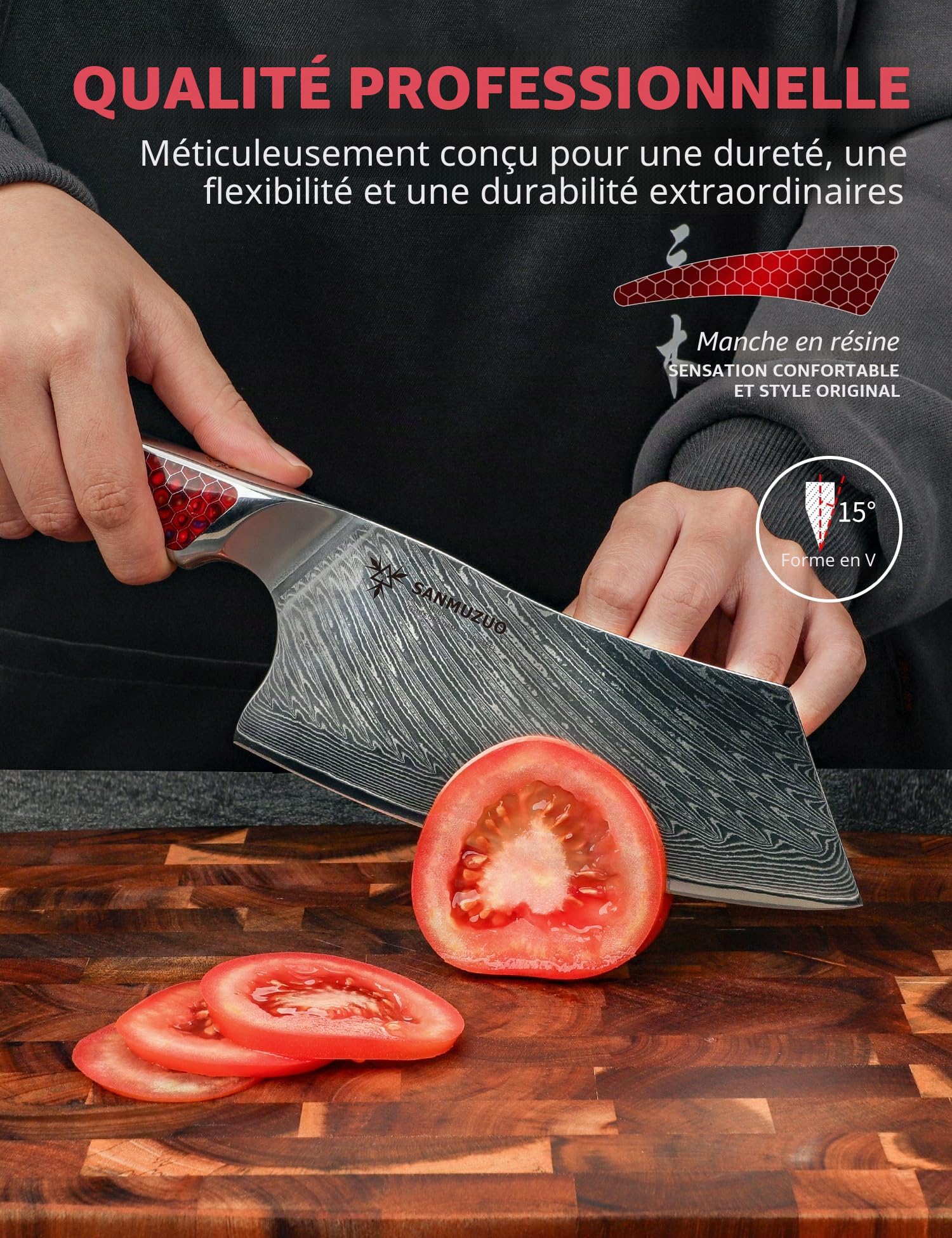 Couteau Nakiri 18 CM, Couperet à viande en acier Damas japonais VG-10, Couteau à légumes ultra tranchant avec manche pleine soie en résine Rouge, série LA-S9
