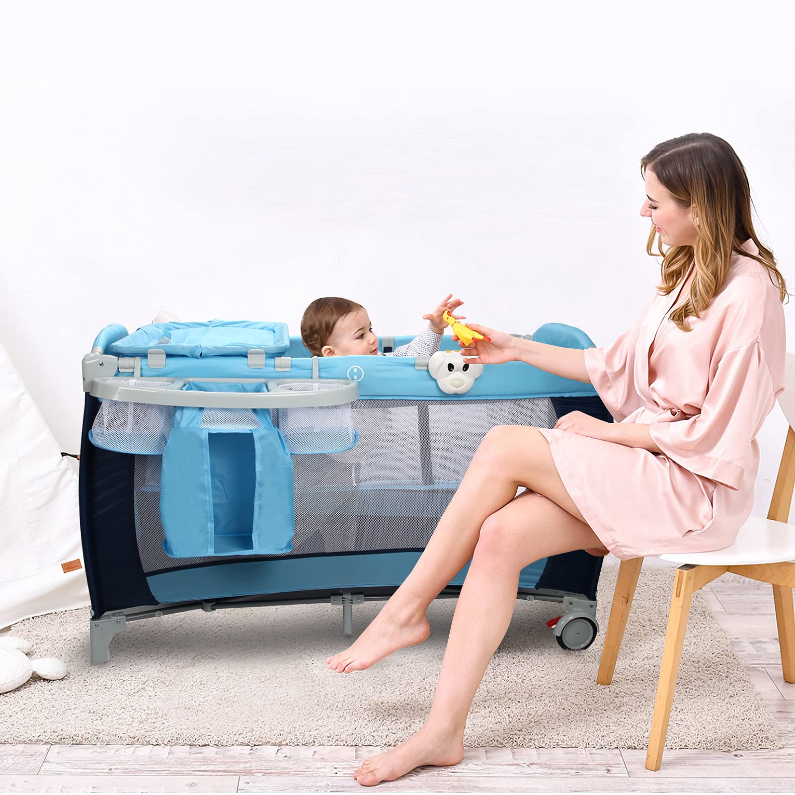 RELAX4LIFE Cuna de Viaje Bebé Plegable con Caja Musical, Mosquitera, Azul