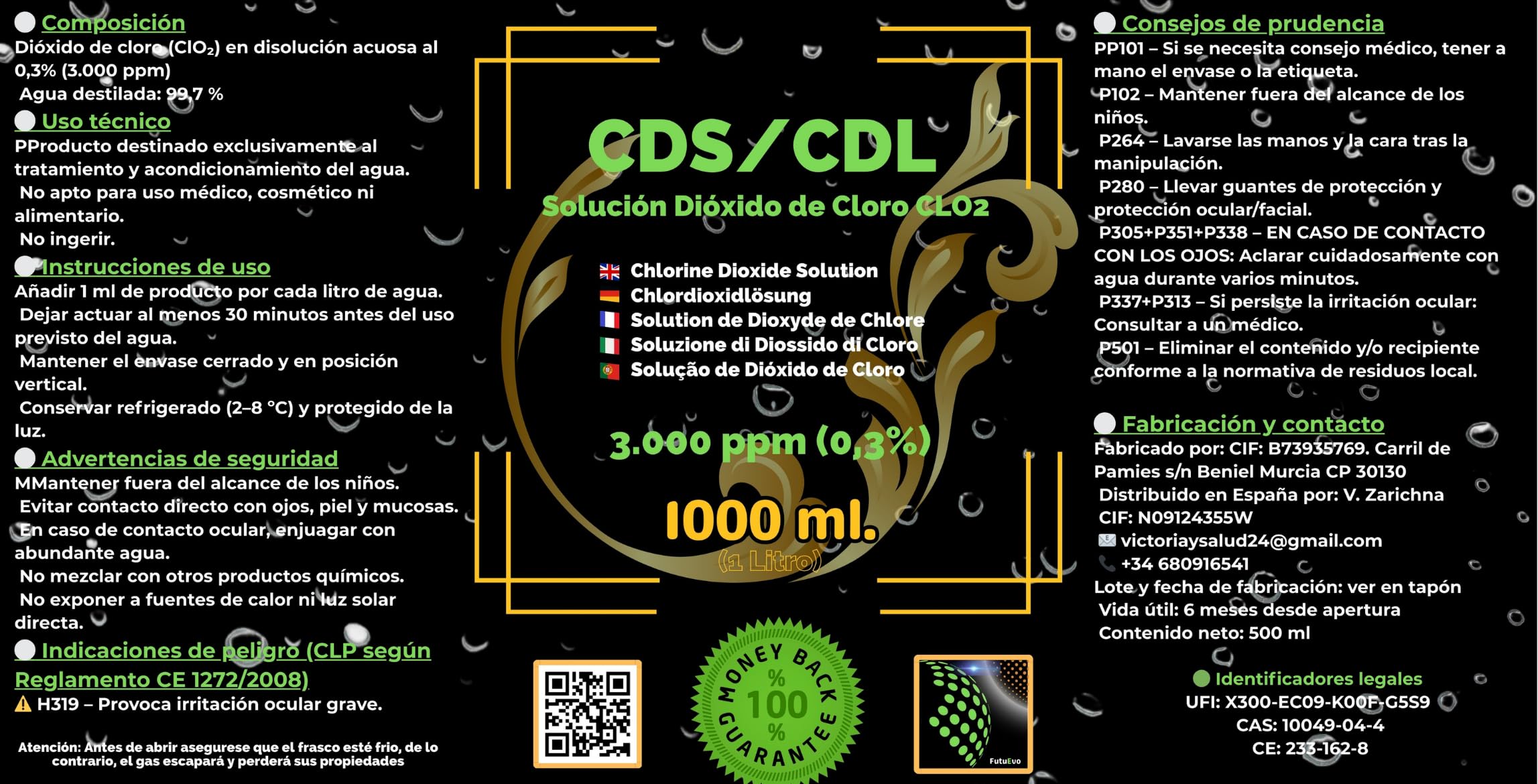 CDS/CDL 3 000 ppm 2 x 1 000 ml - (2 litres) | Solution de dioxyde de chlore dans une bouteille en verre ambre avec bouchon de sécurité et compte-gouttes | Haute pureté | Distributeur cadeau