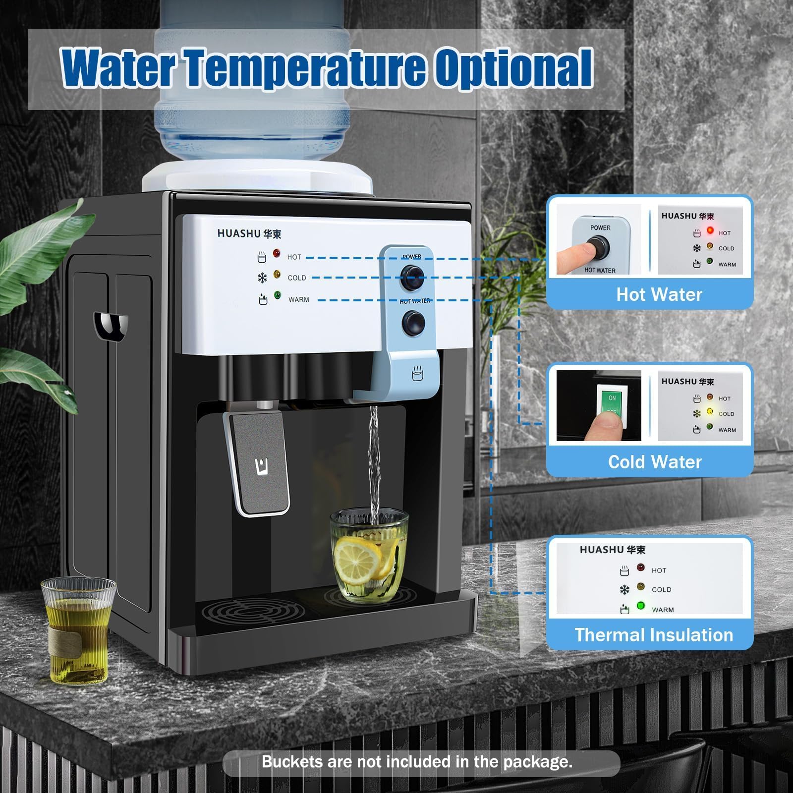 Top-Loading Water Cooler Dispenser, Countertop Water Cooler Dispenser 3-5 Gallon, 3 Temperature Settings, Stainless Steel Mini Hot and Cold Water Dispenser for Home and Office Use